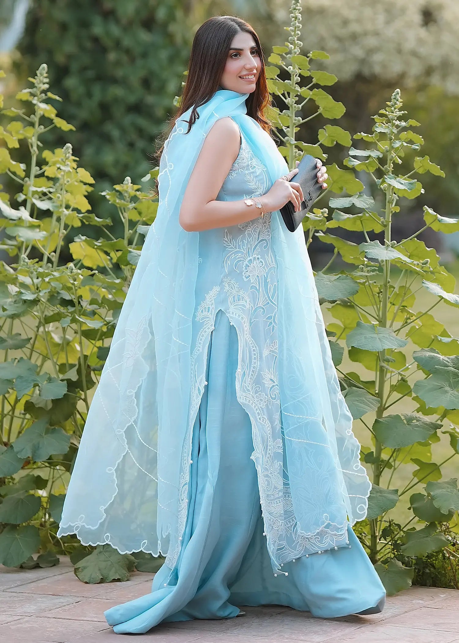 Pakistani Ice Blue Embroidered Kora Cotton & Raw Silk Salwar Kameez (3-Piece) - Image 11