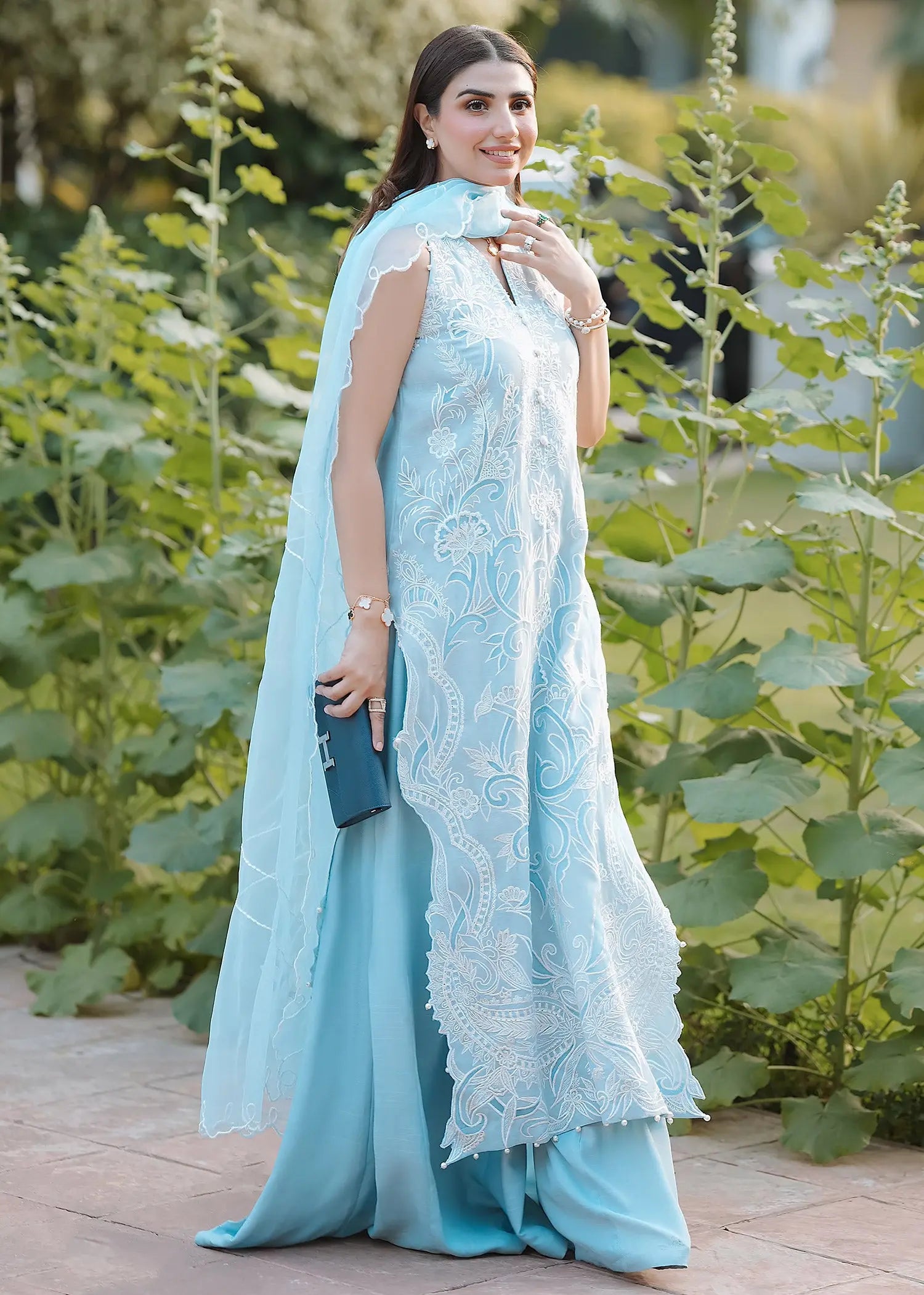 Pakistani Ice Blue Embroidered Kora Cotton & Raw Silk Salwar Kameez (3-Piece) - Image 12