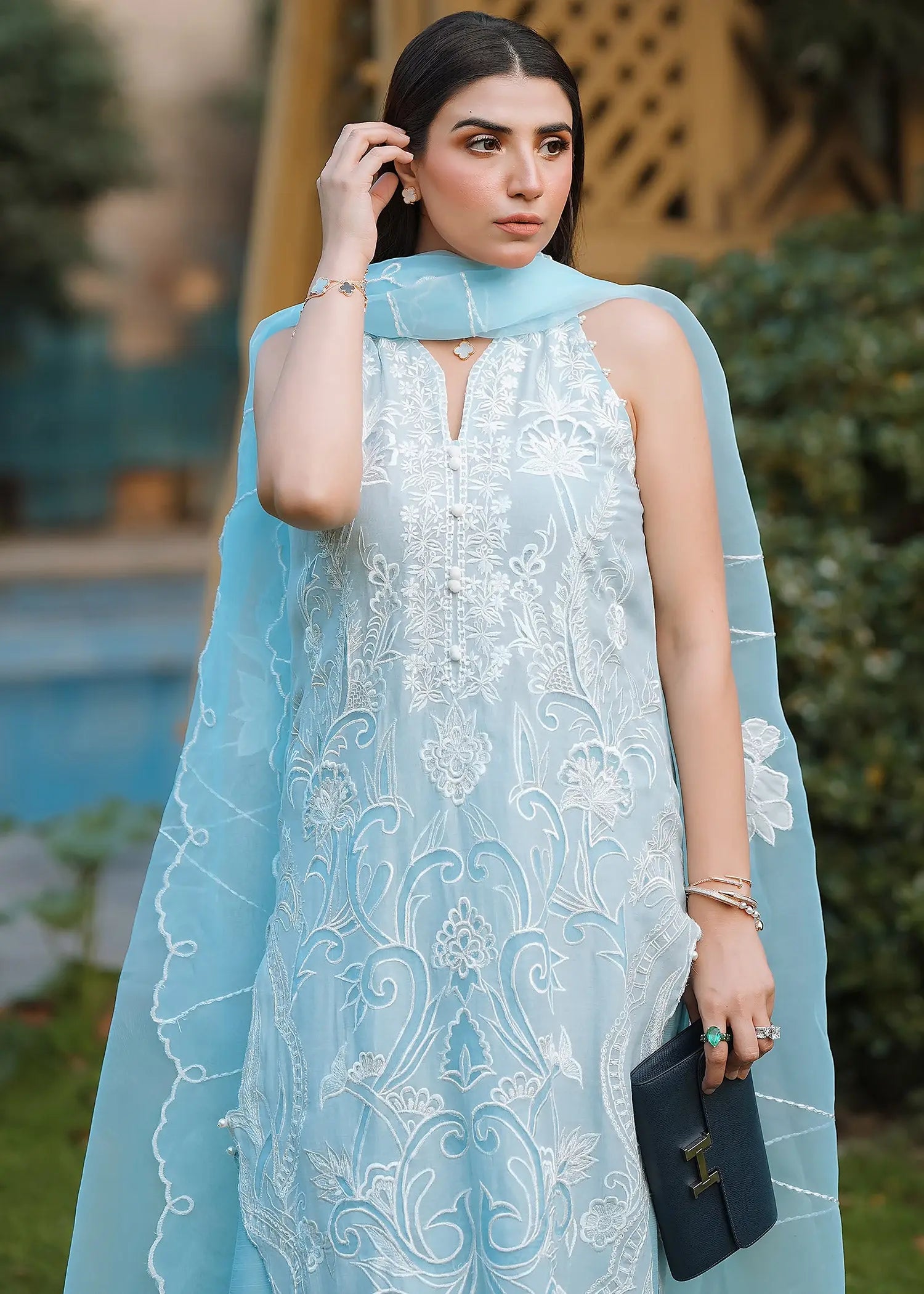 Pakistani Ice Blue Embroidered Kora Cotton & Raw Silk Salwar Kameez (3-Piece) - Image 2