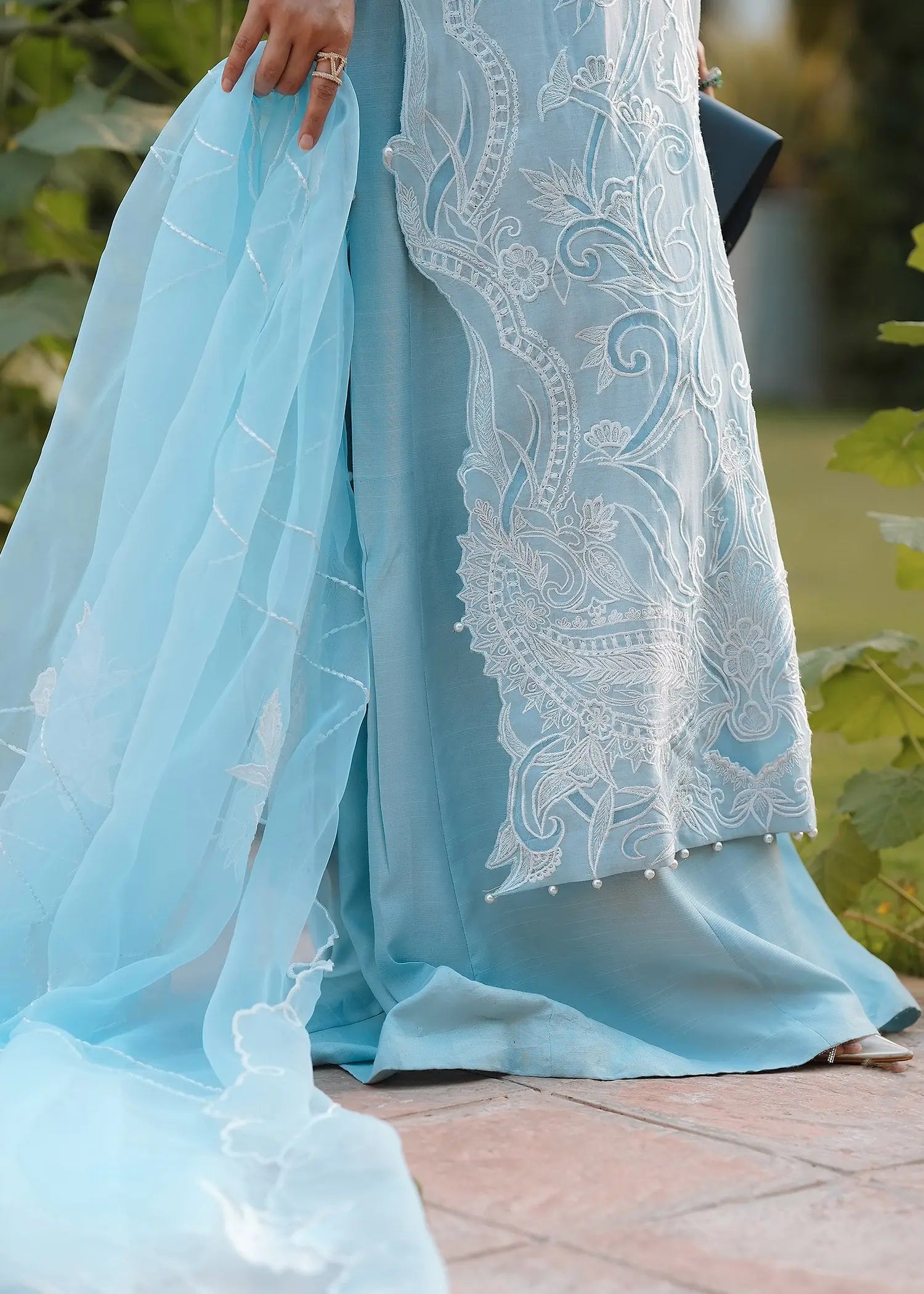 Pakistani Ice Blue Embroidered Kora Cotton & Raw Silk Salwar Kameez (3-Piece) - Image 3