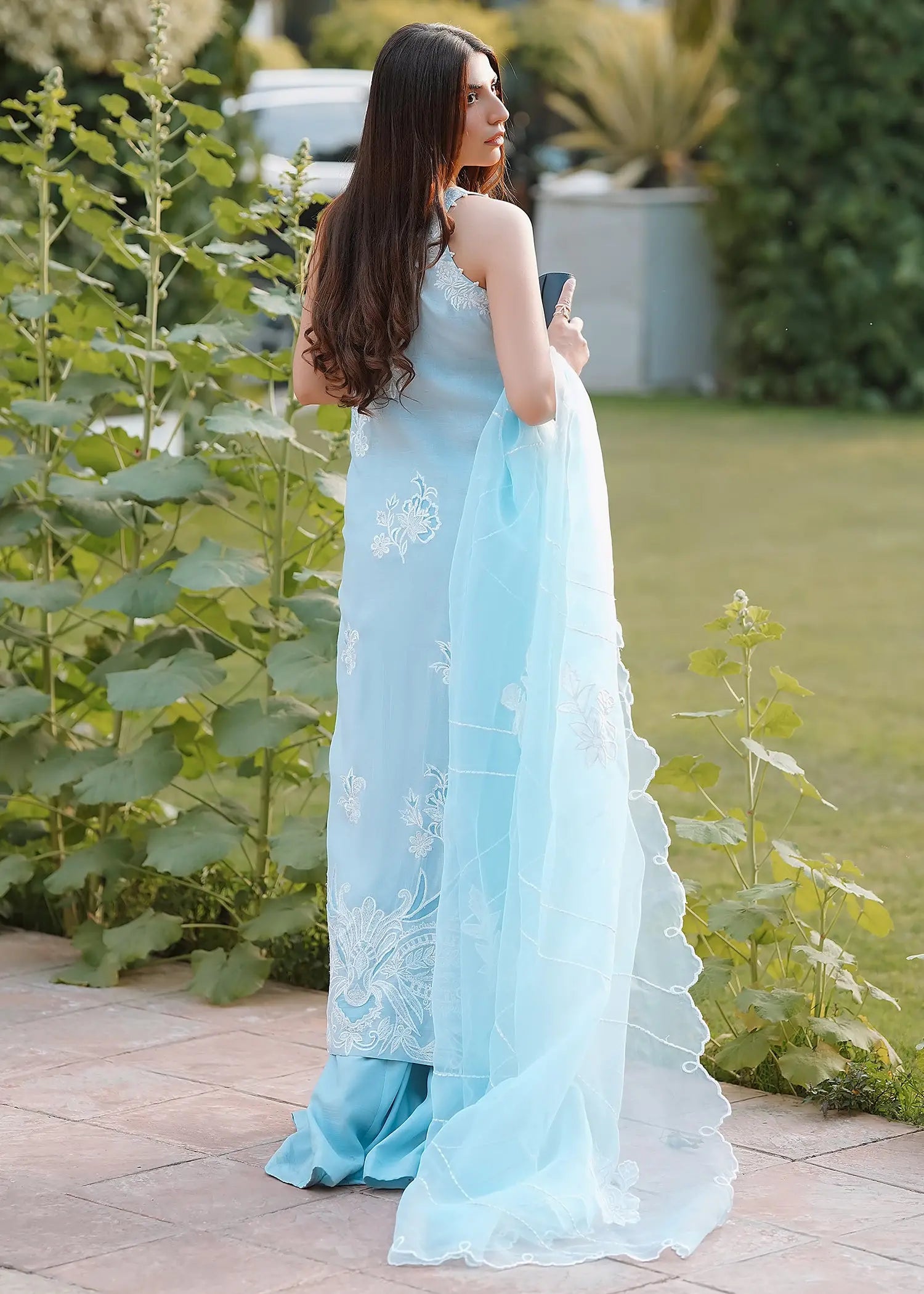 Pakistani Ice Blue Embroidered Kora Cotton & Raw Silk Salwar Kameez (3-Piece) - Image 4