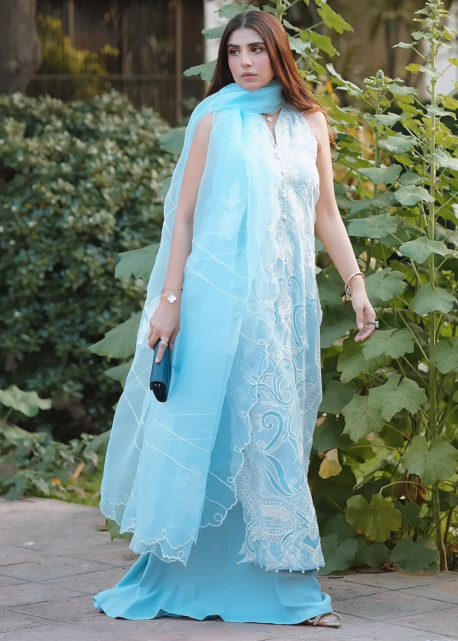 Pakistani Ice Blue Embroidered Kora Cotton & Raw Silk Salwar Kameez (3-Piece) - Image 5