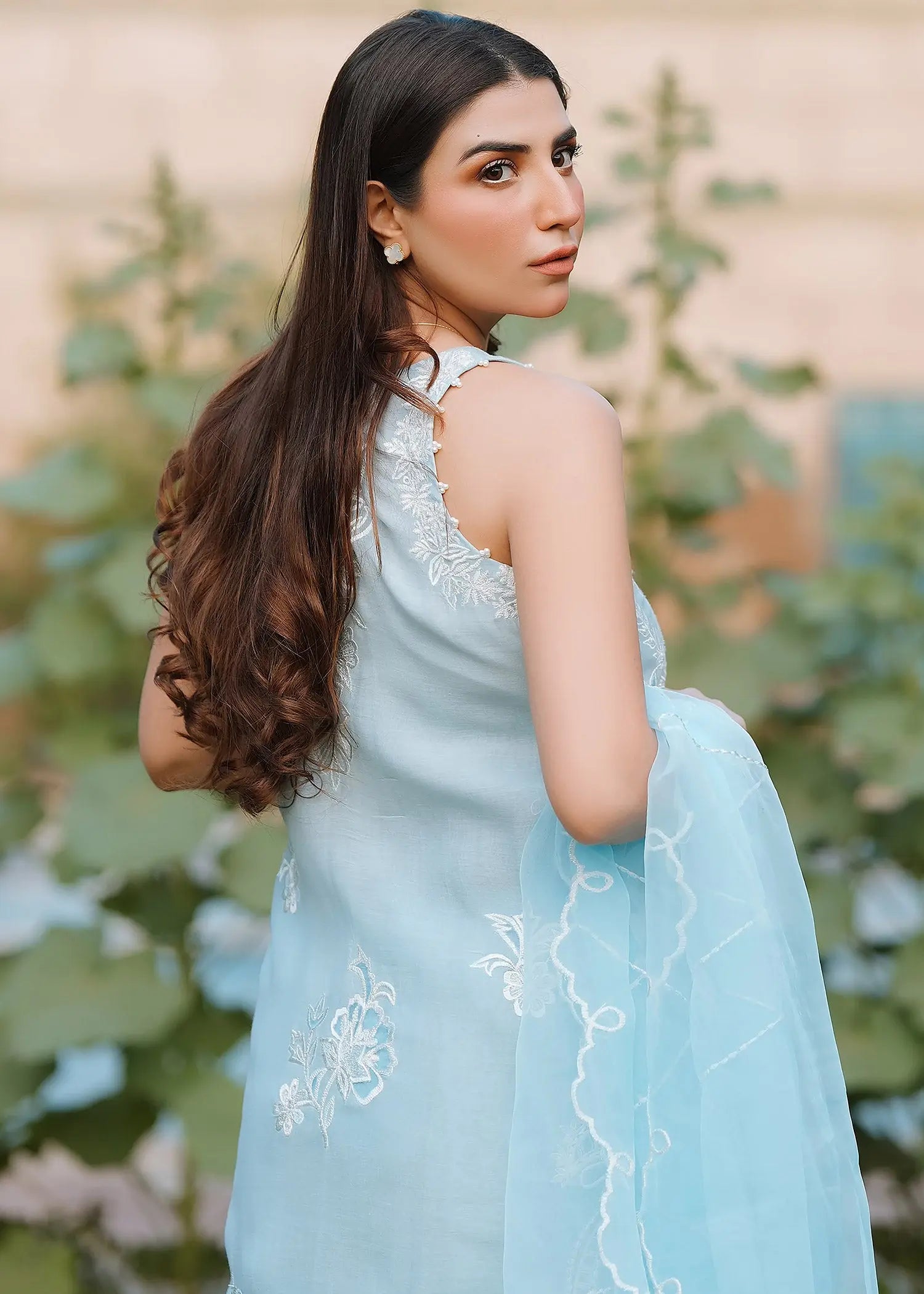 Pakistani Ice Blue Embroidered Kora Cotton & Raw Silk Salwar Kameez (3-Piece) - Image 6