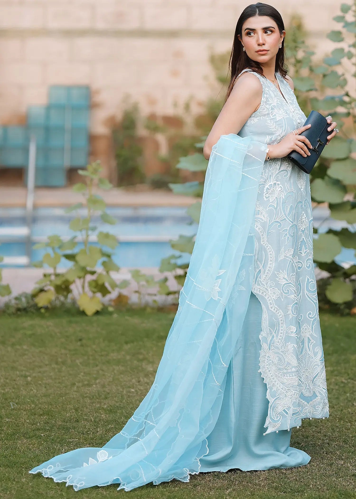 Pakistani Ice Blue Embroidered Kora Cotton & Raw Silk Salwar Kameez (3-Piece) - Image 7