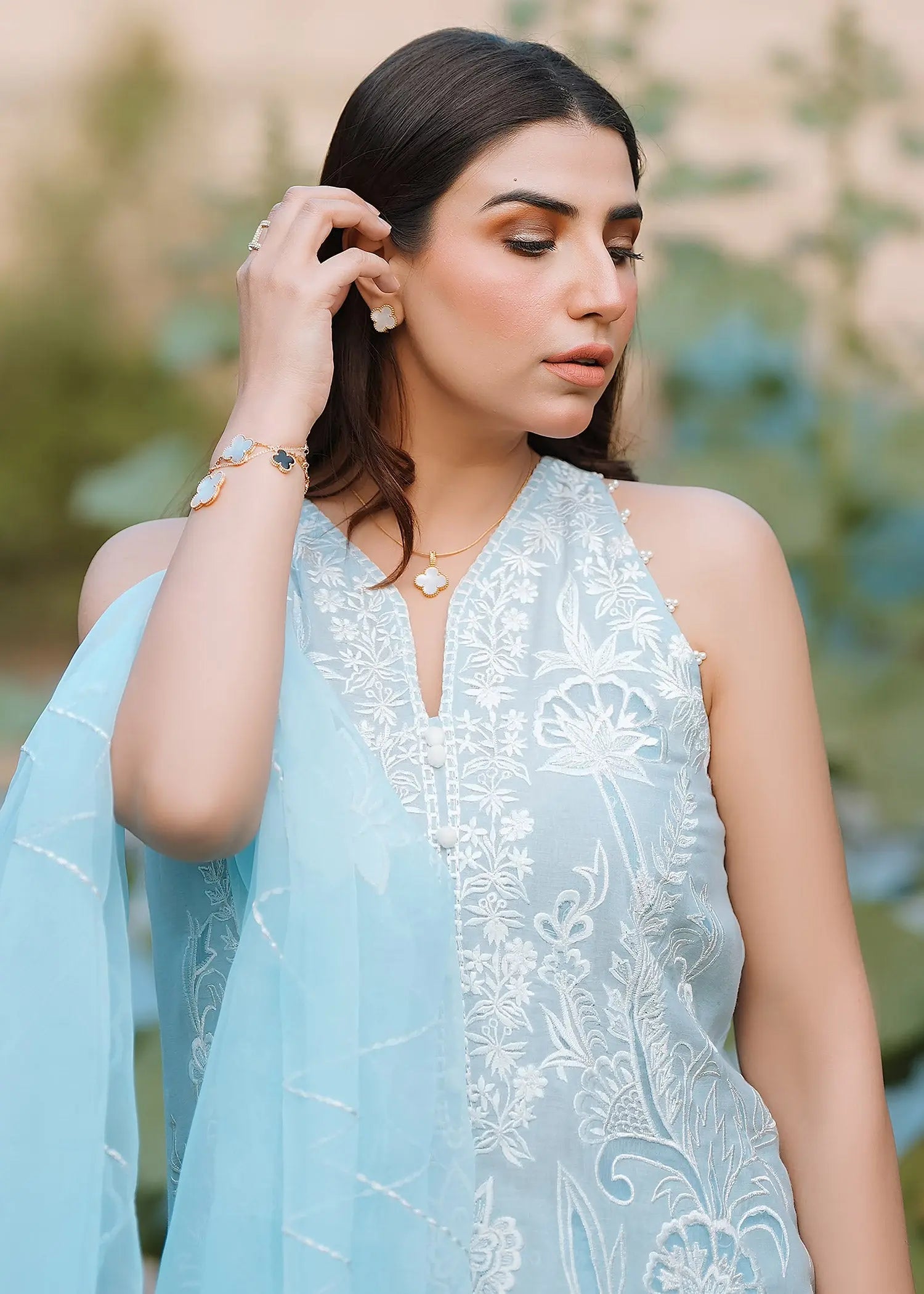 Pakistani Ice Blue Embroidered Kora Cotton & Raw Silk Salwar Kameez (3-Piece) - Image 8