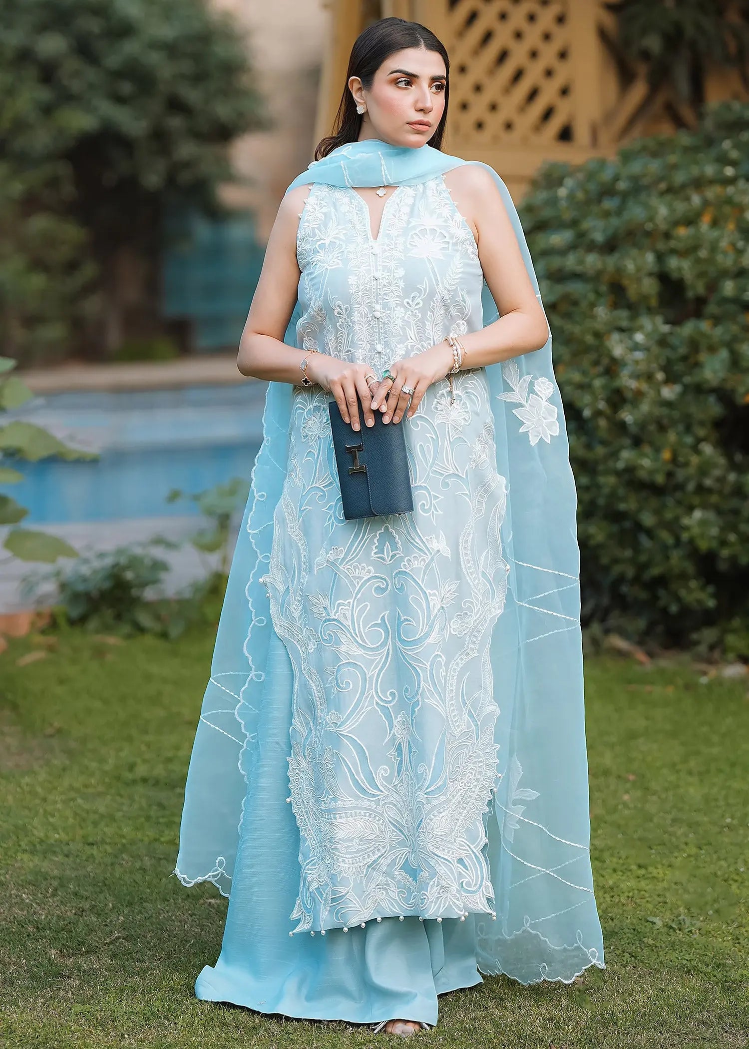 Pakistani Ice Blue Embroidered Kora Cotton & Raw Silk Salwar Kameez (3-Piece) - Image 9