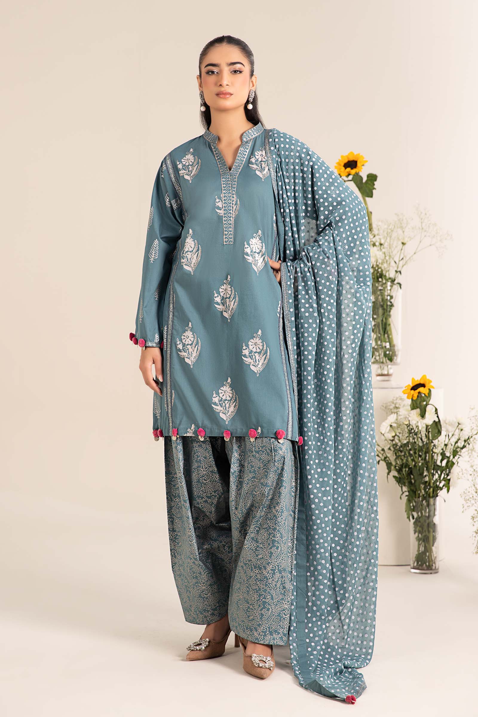 Pakistani Teal Blue Block Printed Lawn 3-Piece Suit - Image 1