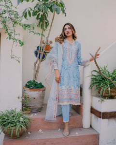 Cool Blue Embroidered Lawn Salwar Kameez (3-Piece) - Image 1