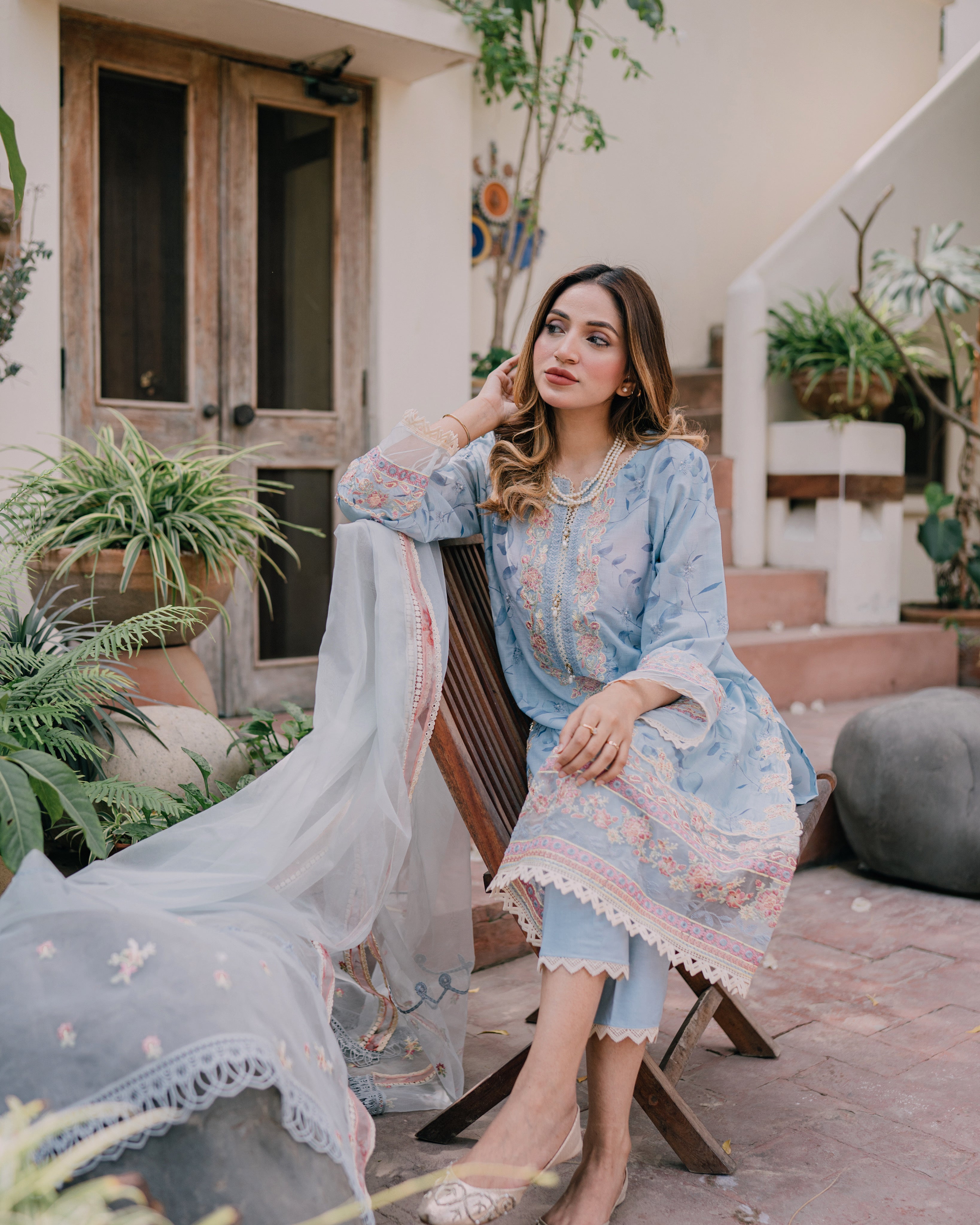 Cool Blue Embroidered Lawn Salwar Kameez (3-Piece) - Image 2