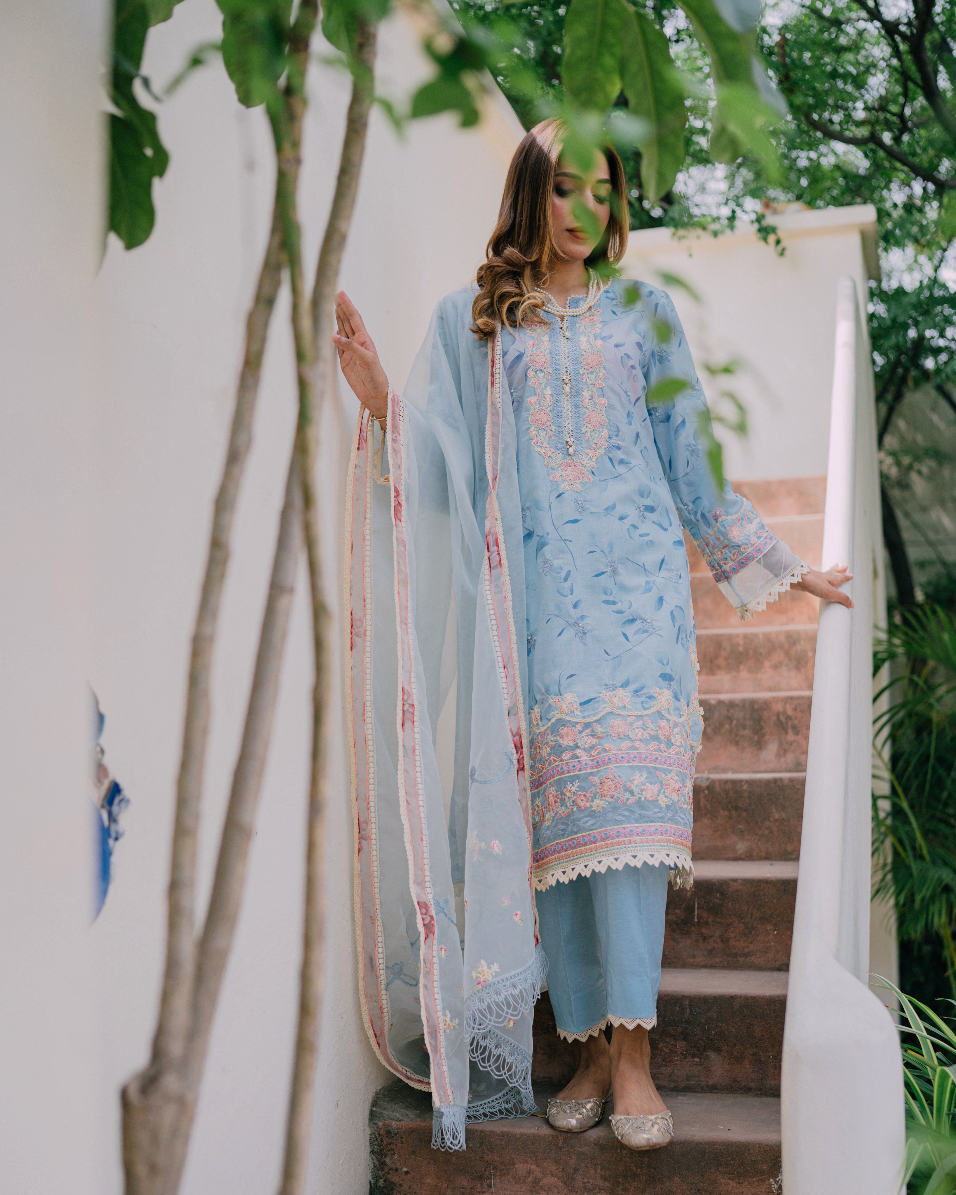 Cool Blue Embroidered Lawn Salwar Kameez (3-Piece) - Image 3