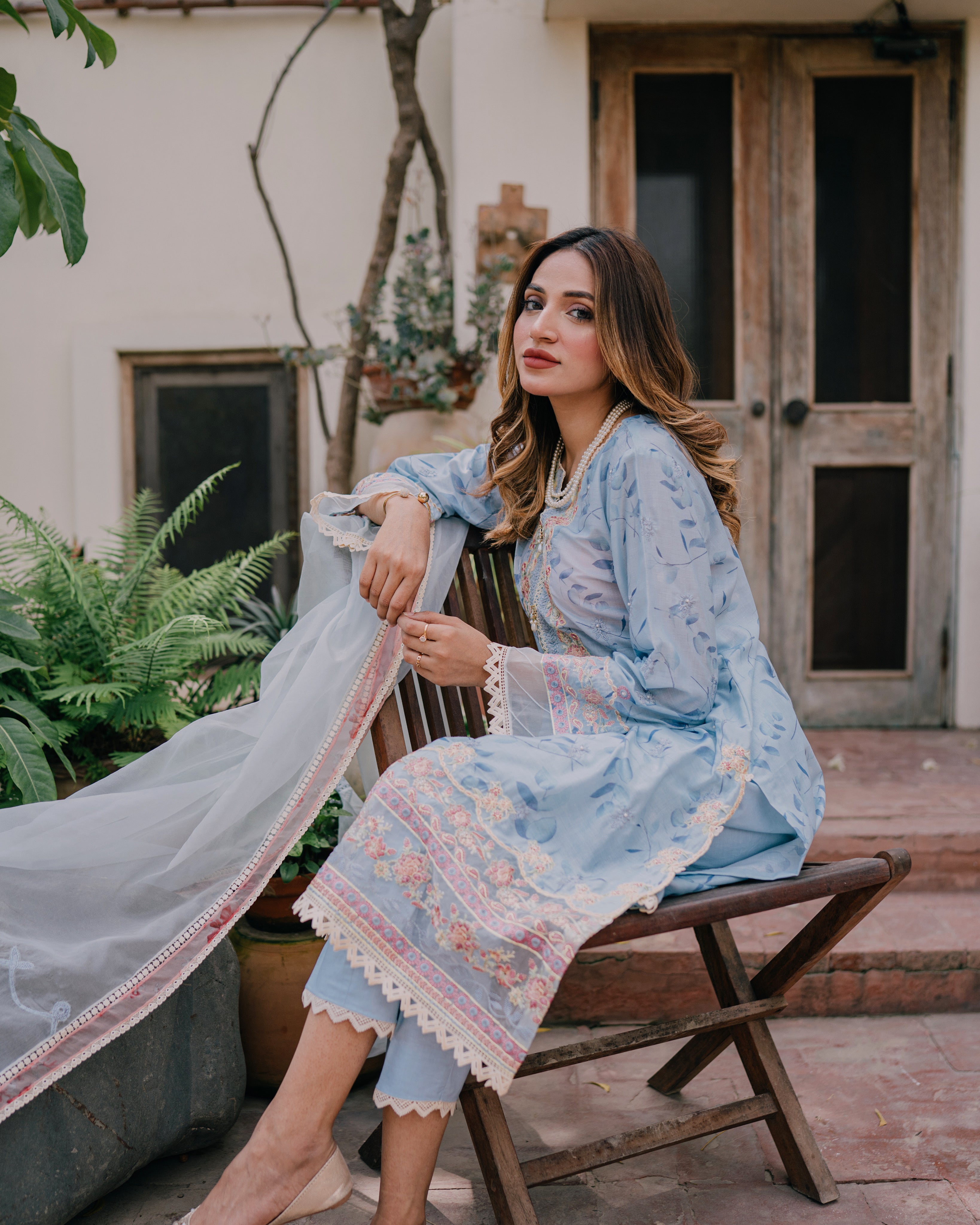 Cool Blue Embroidered Lawn Salwar Kameez (3-Piece) - Image 4