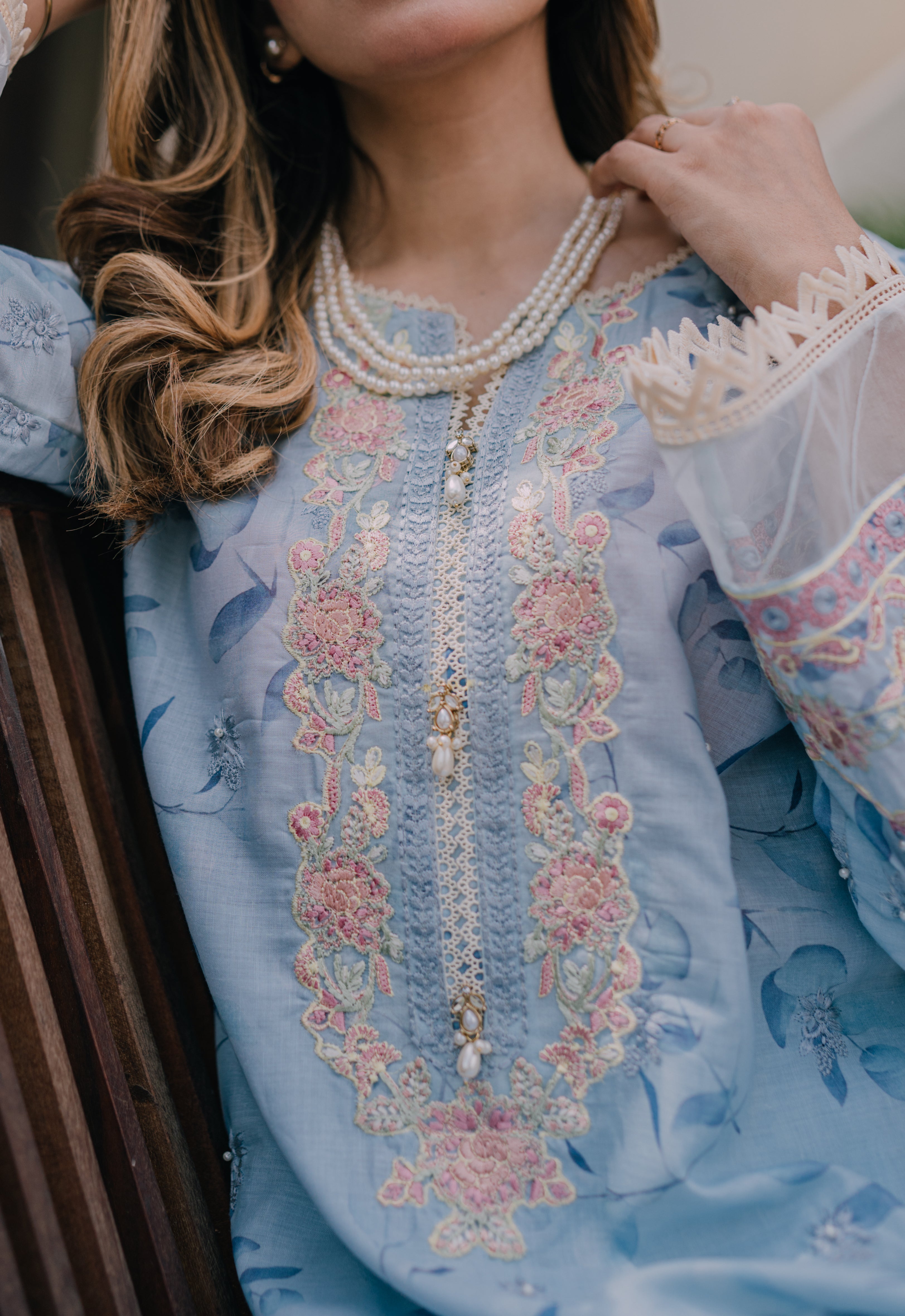 Cool Blue Embroidered Lawn Salwar Kameez (3-Piece) - Image 5