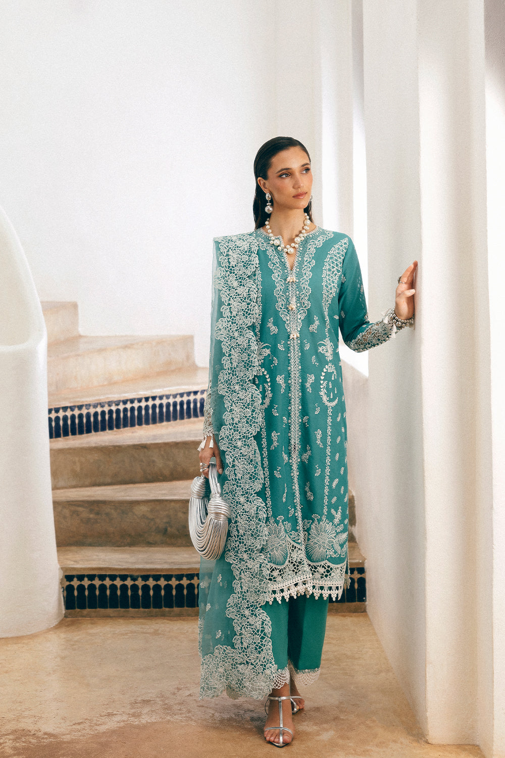 Ice Blue Embroidered Lawn & Organza Salwar Kameez (3-Piece) - Image 1