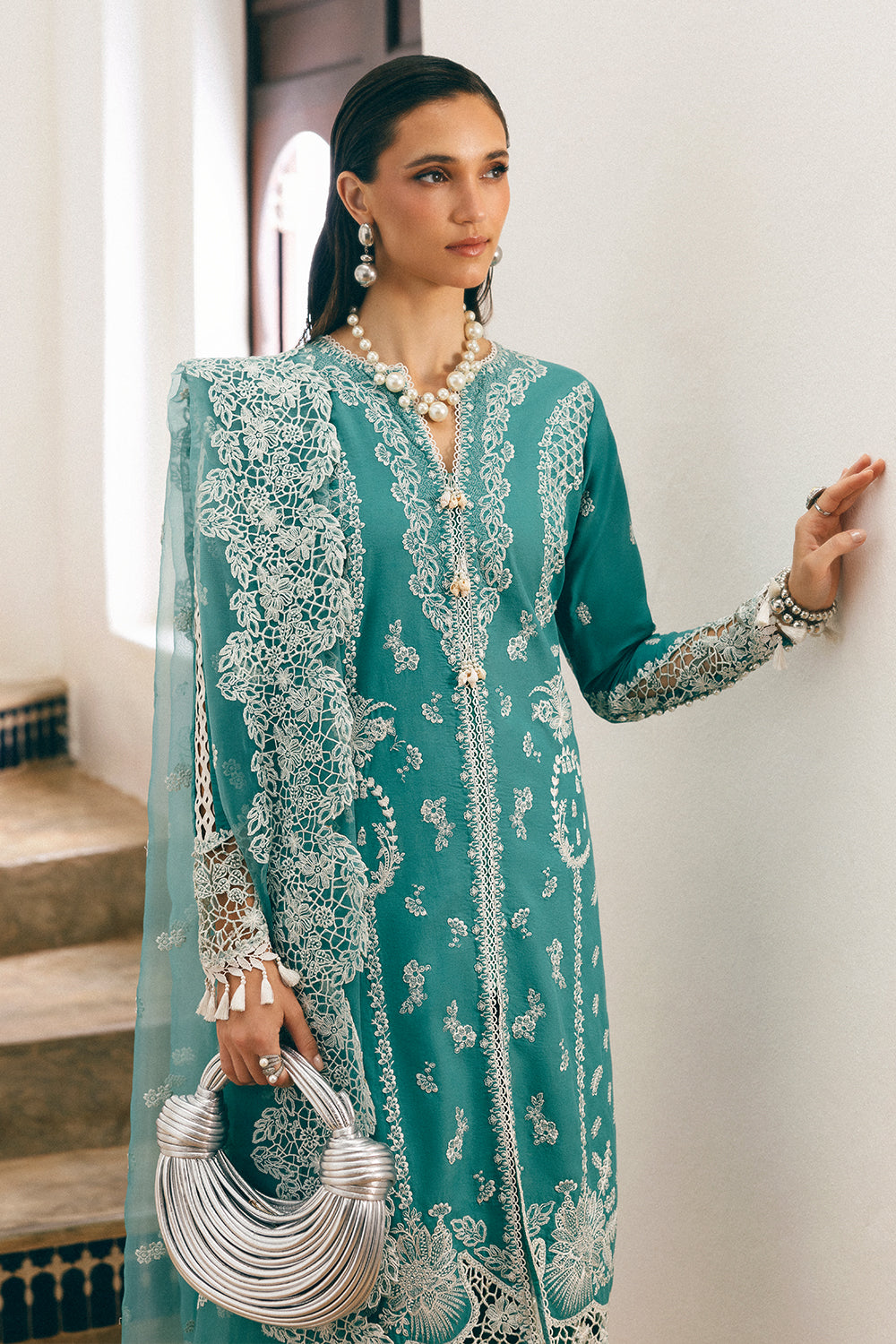 Ice Blue Embroidered Lawn & Organza Salwar Kameez (3-Piece) - Image 2