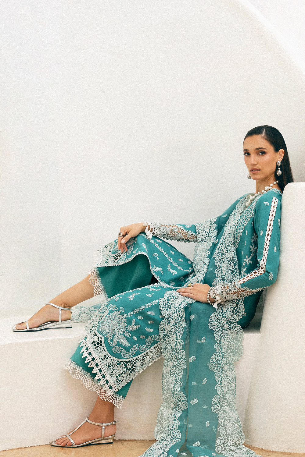 Ice Blue Embroidered Lawn & Organza Salwar Kameez (3-Piece) - Image 4