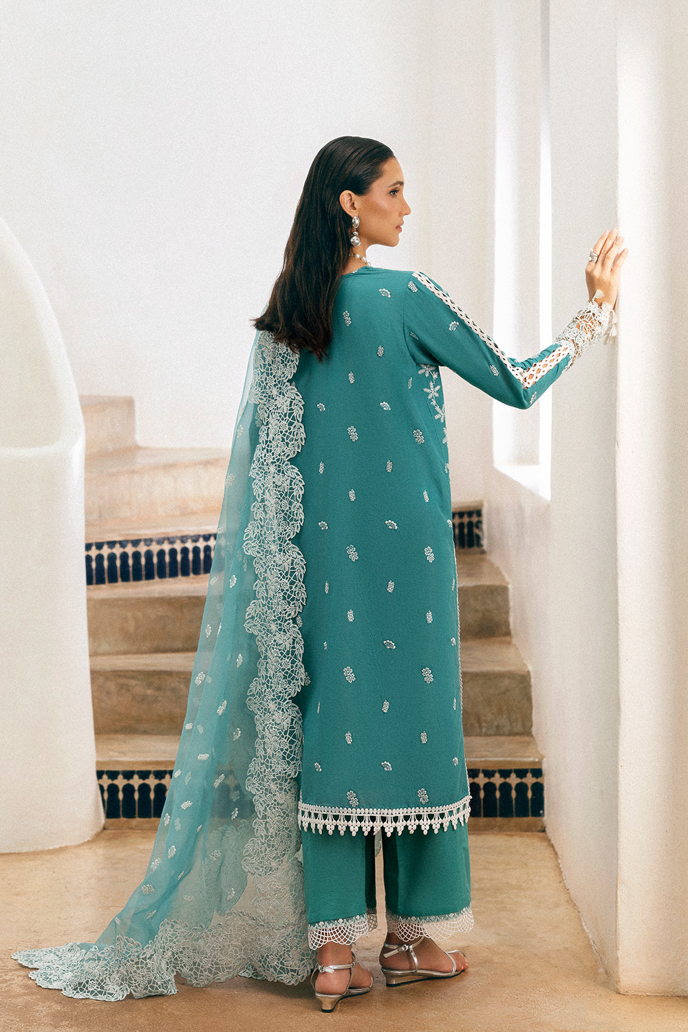 Ice Blue Embroidered Lawn & Organza Salwar Kameez (3-Piece) - Image 6