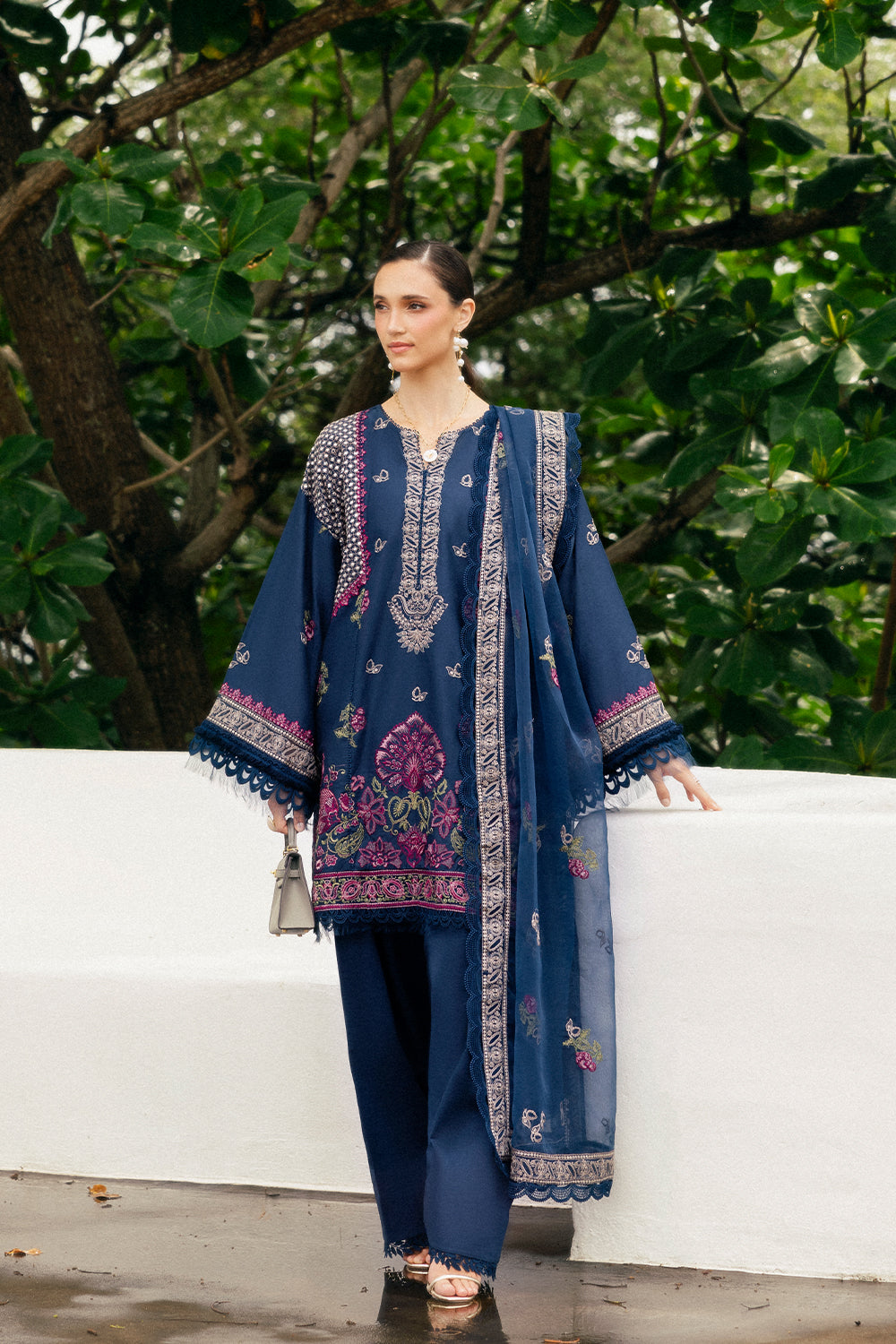 Royal Blue Embroidered Lawn & Organza Kurta Set (3-Piece) - Image 1