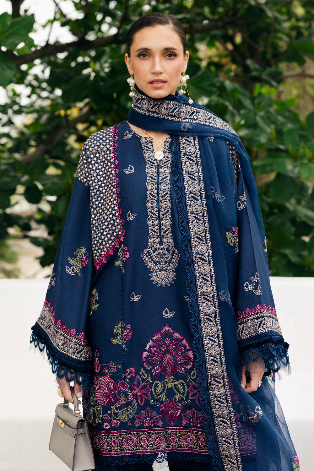 Royal Blue Embroidered Lawn & Organza Kurta Set (3-Piece) - Image 2