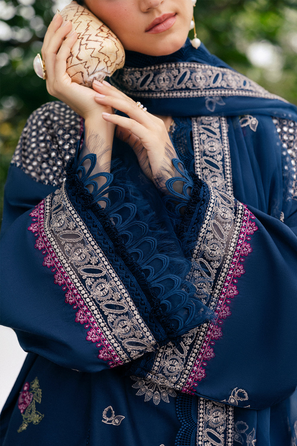 Royal Blue Embroidered Lawn & Organza Kurta Set (3-Piece) - Image 3