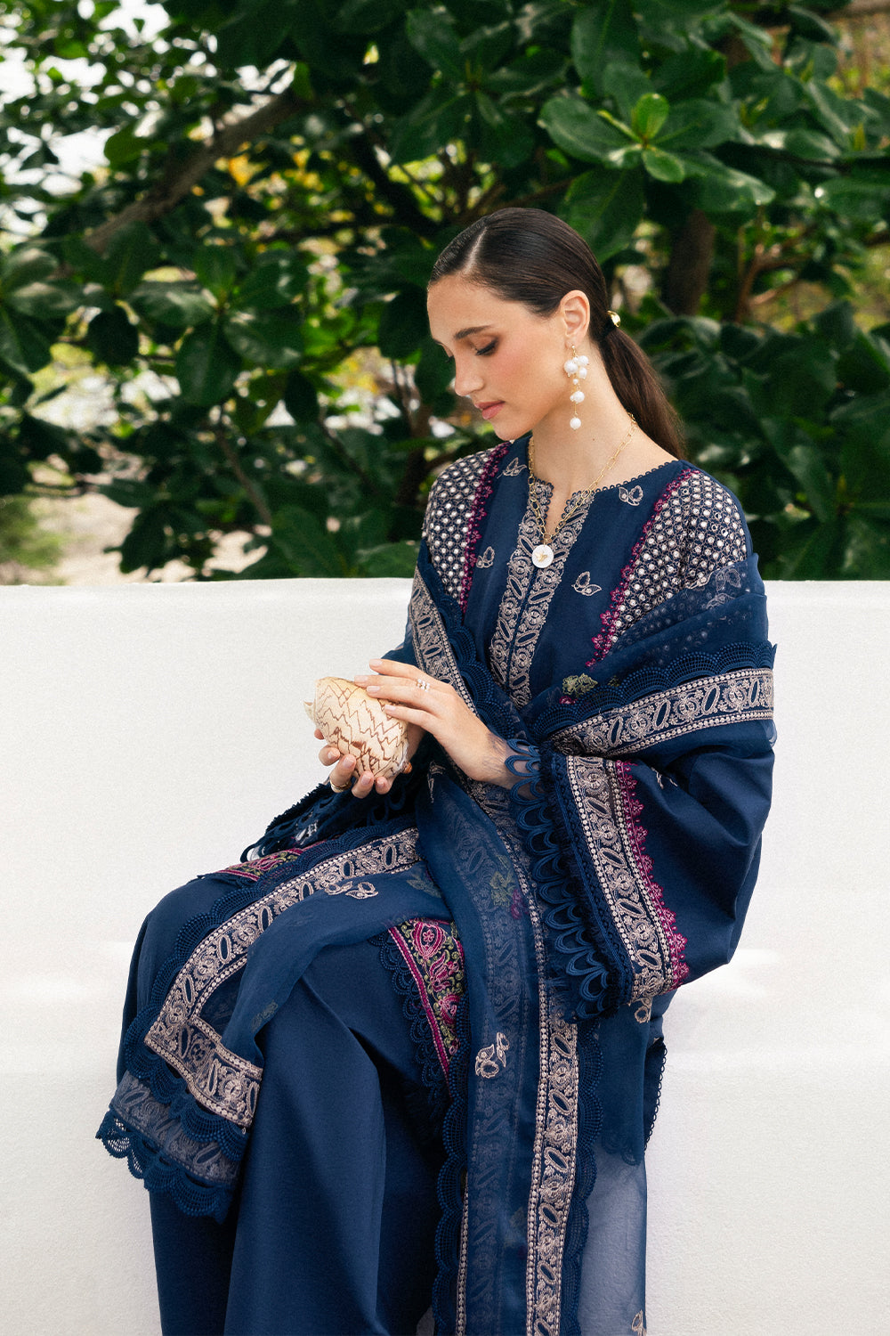 Royal Blue Embroidered Lawn & Organza Kurta Set (3-Piece) - Image 5