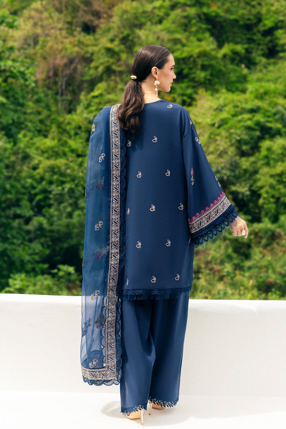 Royal Blue Embroidered Lawn & Organza Kurta Set (3-Piece) - Image 7