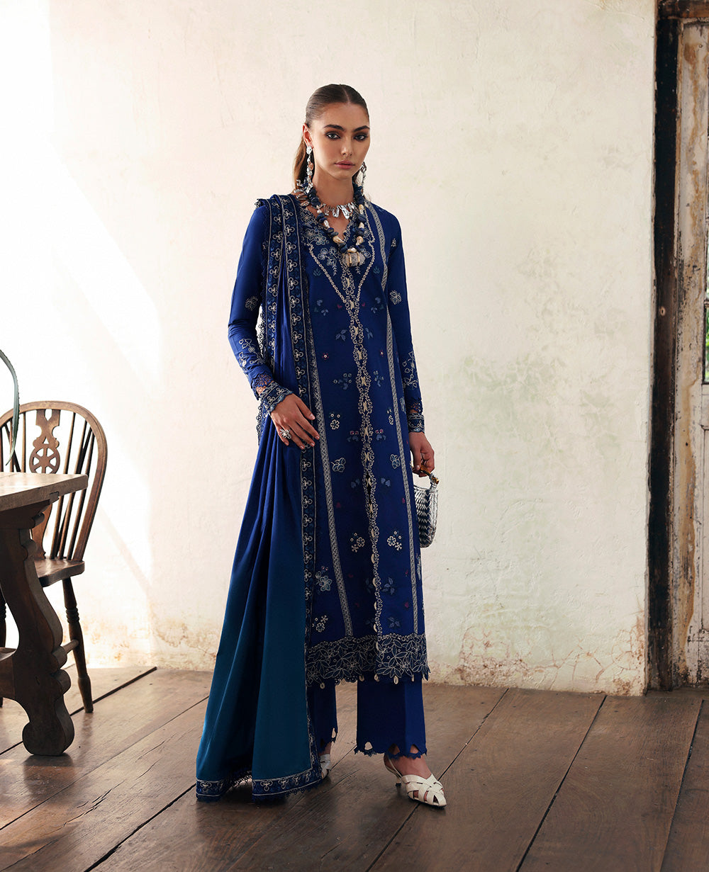 Teal Blue Marori Schiffli Lawn Salwar Kameez (3-Piece) - Image 1