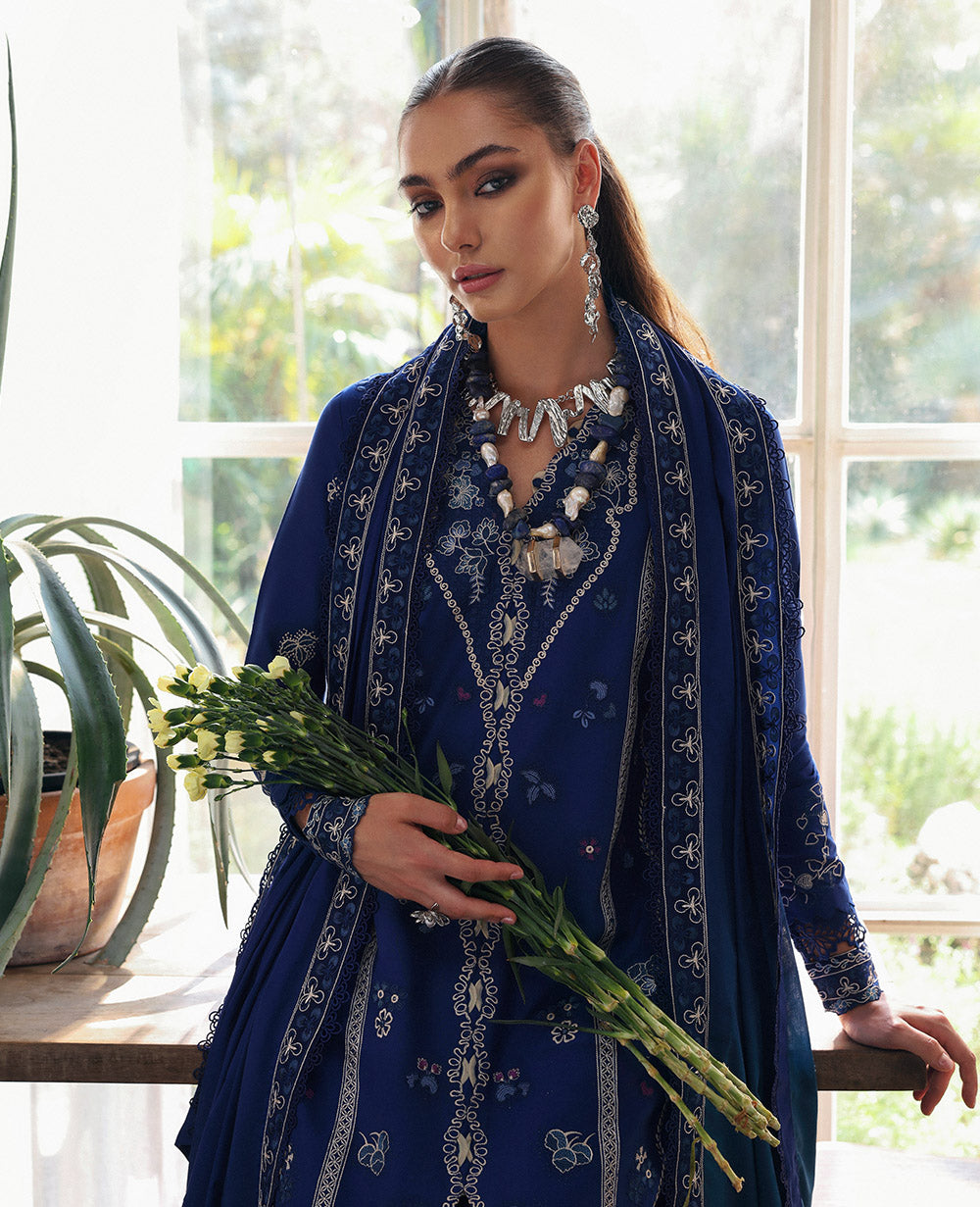 Teal Blue Marori Schiffli Lawn Salwar Kameez (3-Piece) - Image 3