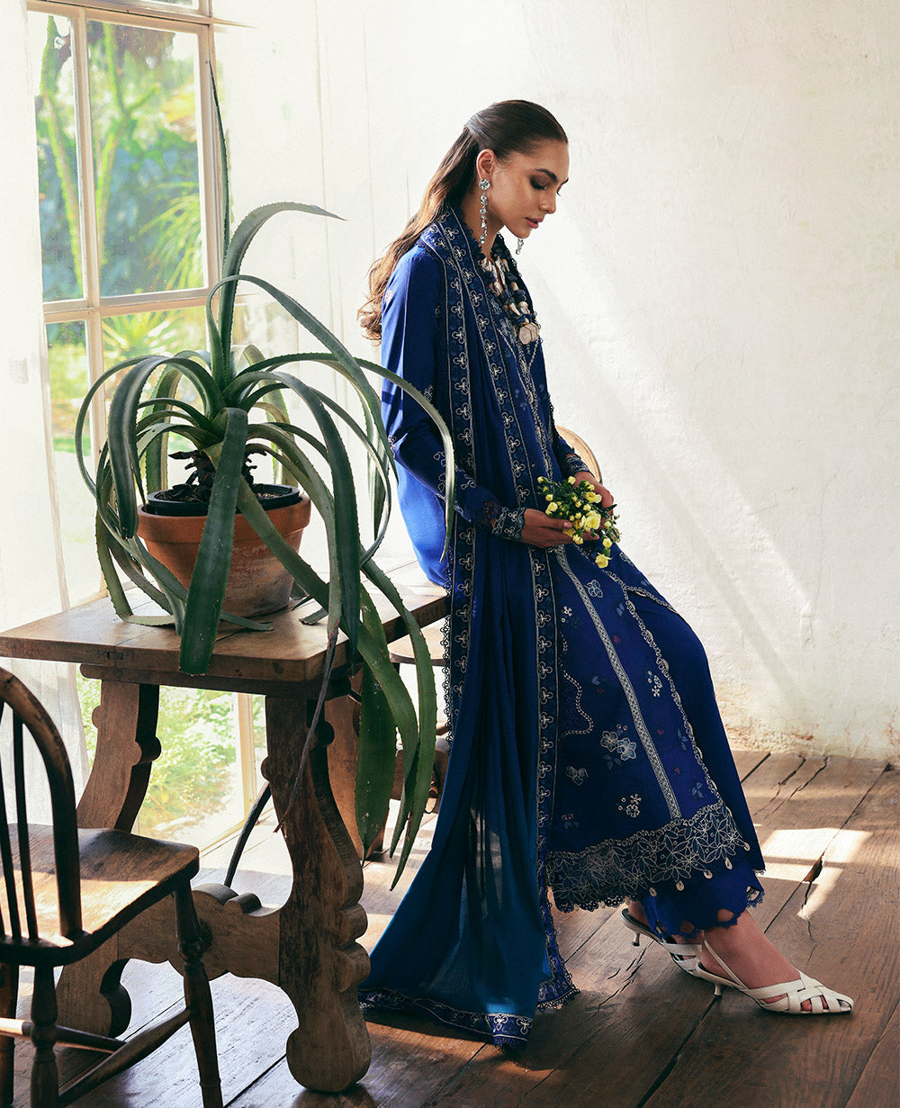 Teal Blue Marori Schiffli Lawn Salwar Kameez (3-Piece) - Image 4