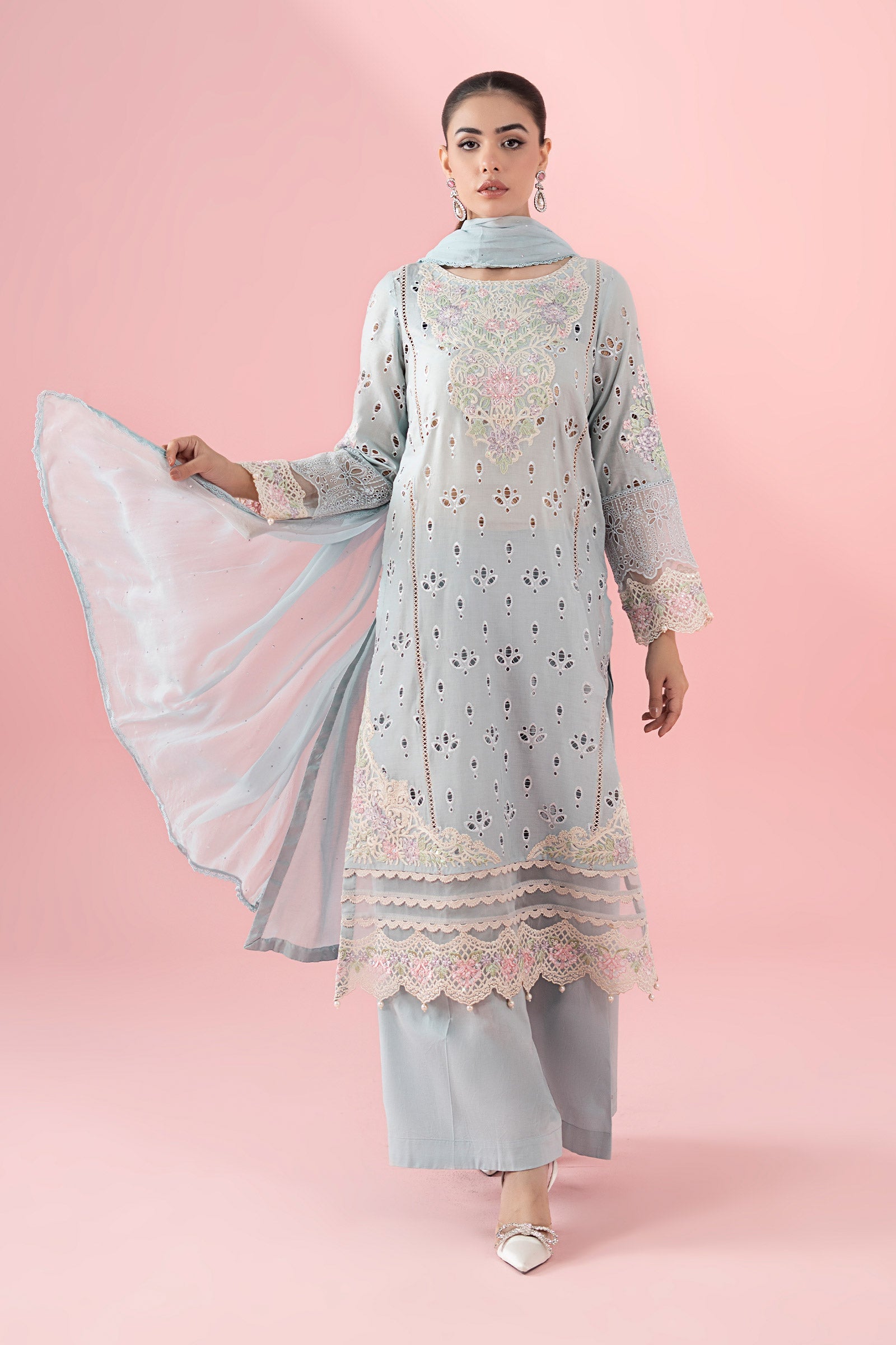 Blue Schiffli Embroidered Lawn 3-Piece Suit - Image 1