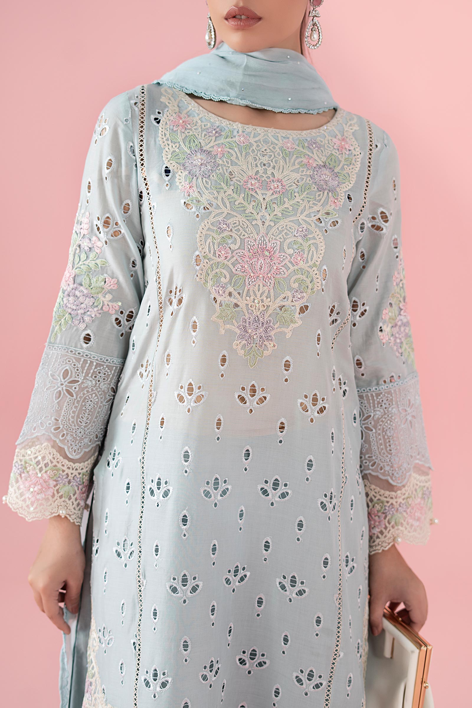 Blue Schiffli Embroidered Lawn 3-Piece Suit - Image 4