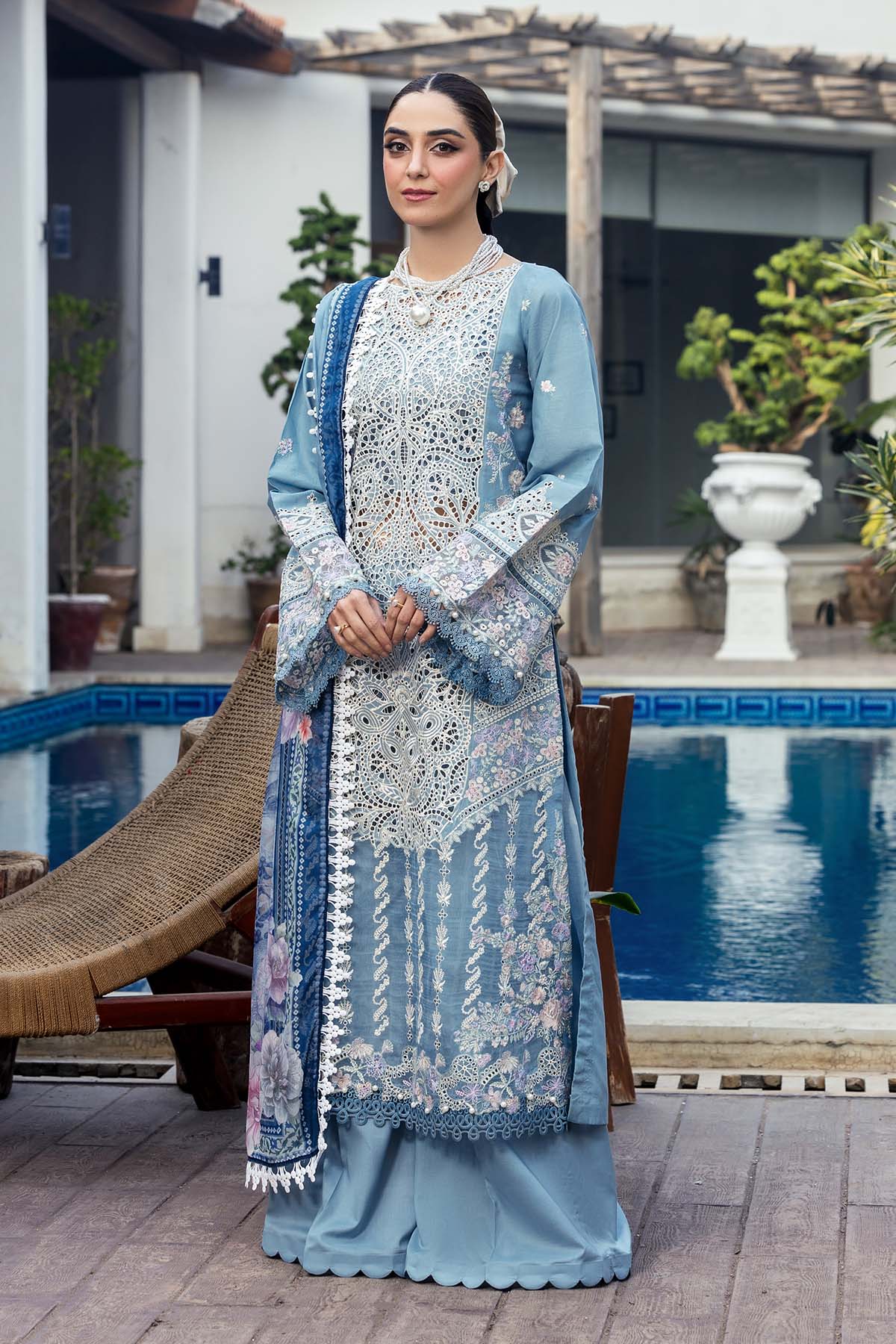 Pakistani Powder Blue Schiffli Embroidered Lawn 3-Piece Suit - Image 1