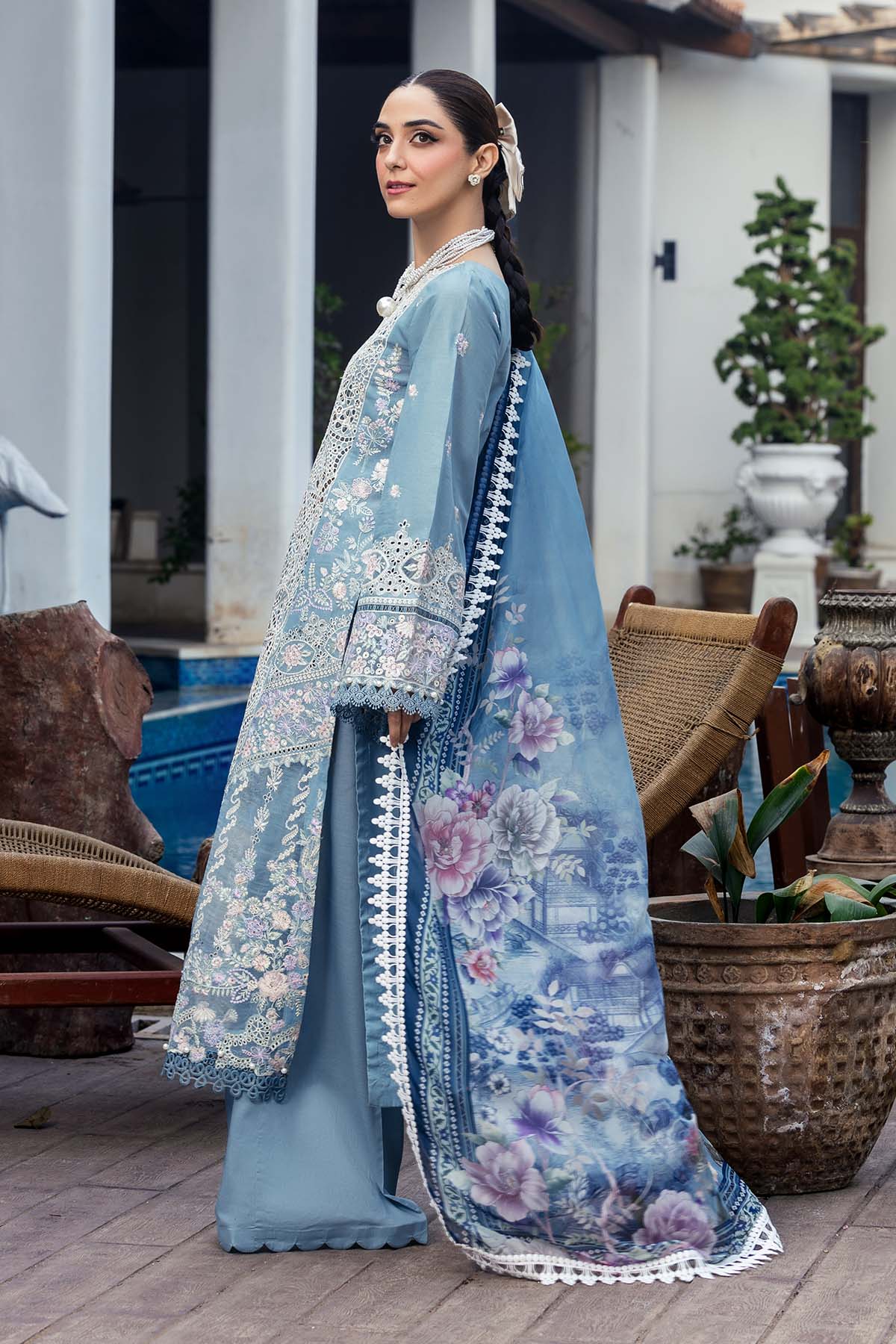 Pakistani Powder Blue Schiffli Embroidered Lawn 3-Piece Suit - Image 2