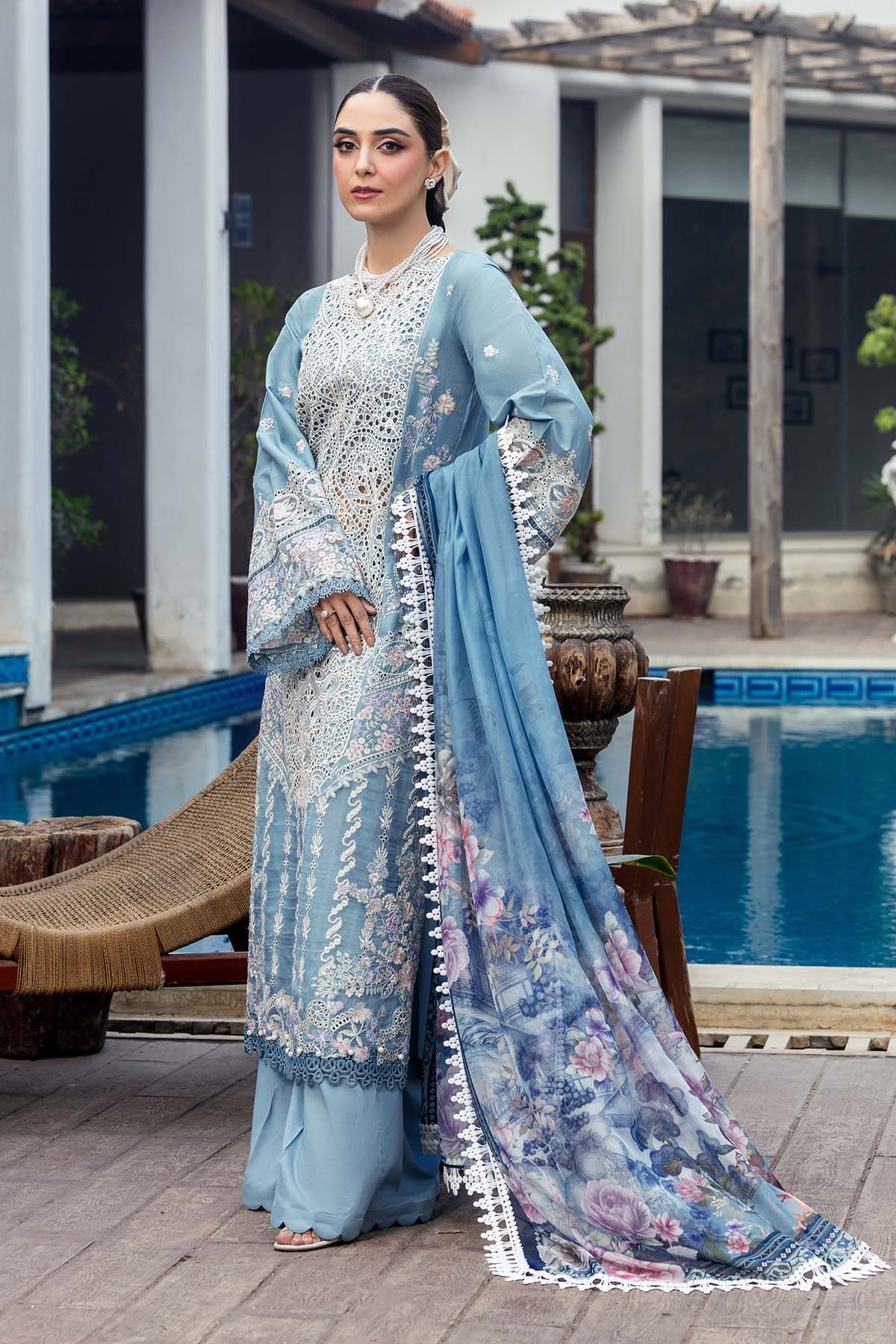 Pakistani Powder Blue Schiffli Embroidered Lawn 3-Piece Suit - Image 3