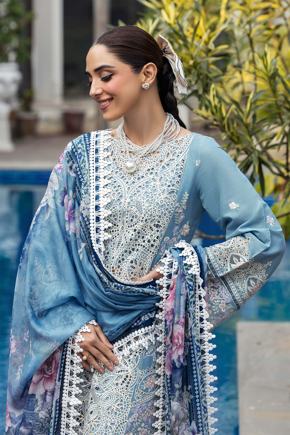 Pakistani Powder Blue Schiffli Embroidered Lawn 3-Piece Suit - Image 4