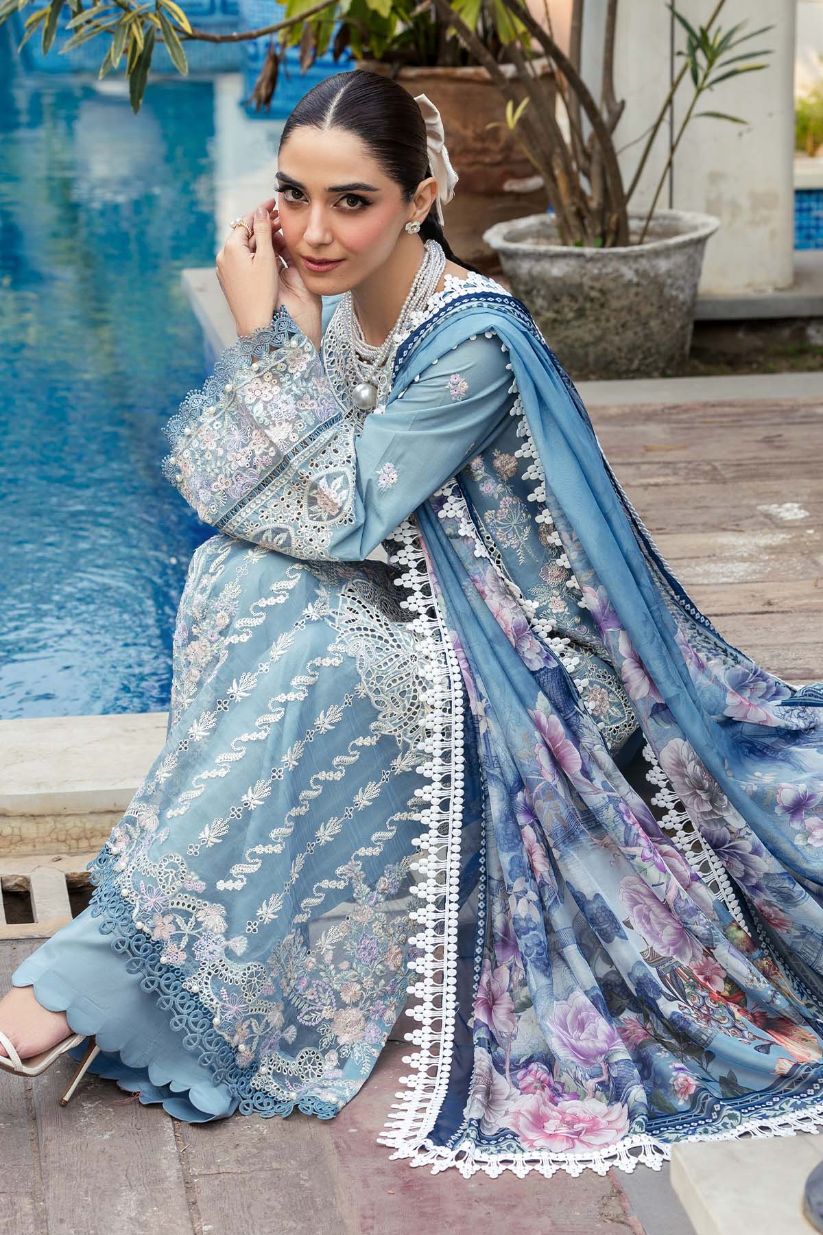 Pakistani Powder Blue Schiffli Embroidered Lawn 3-Piece Suit - Image 5