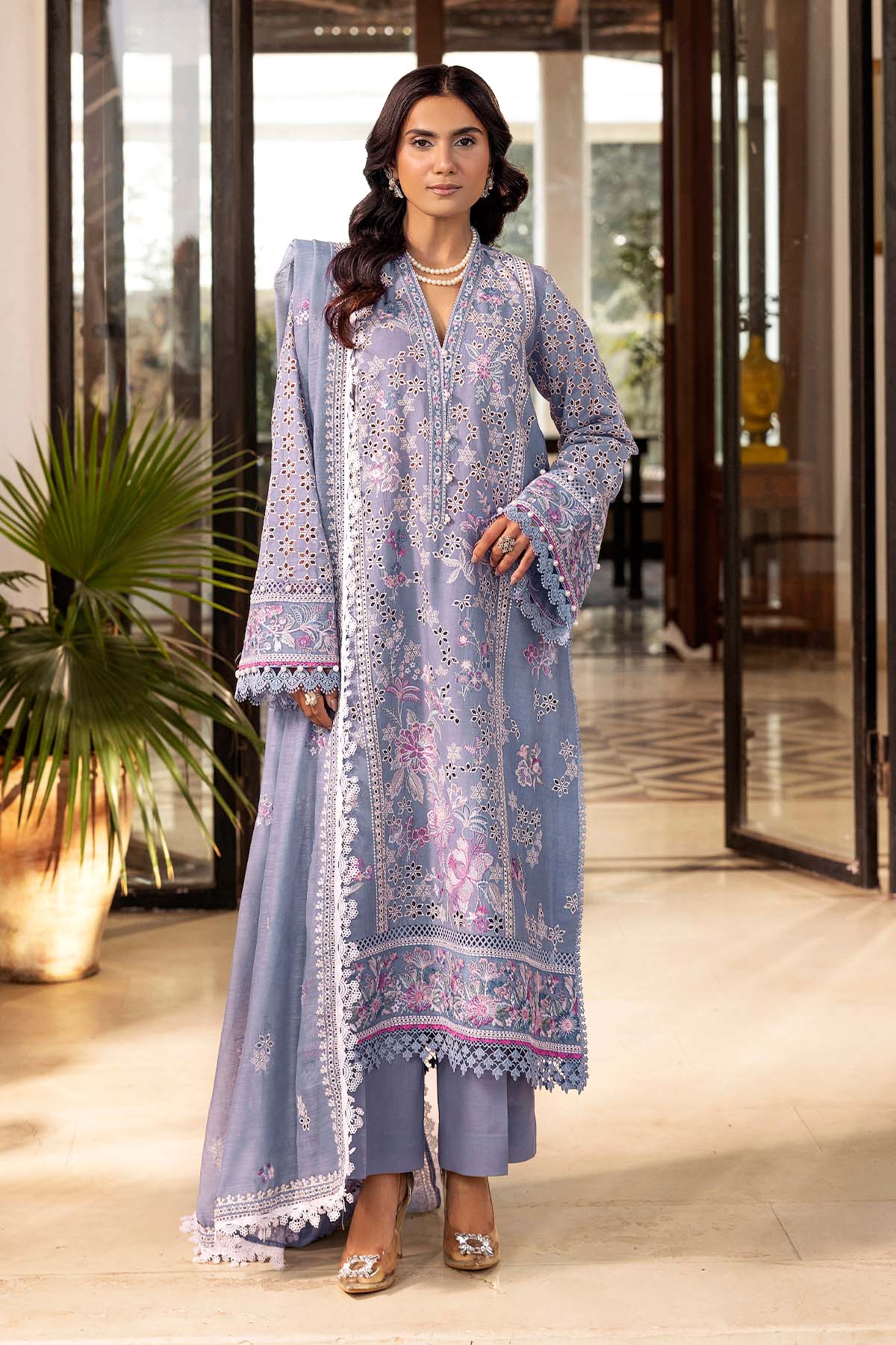 Pakistani Powder Blue Schiffli Embroidered Lawn Suit (3-Piece) - Image 1