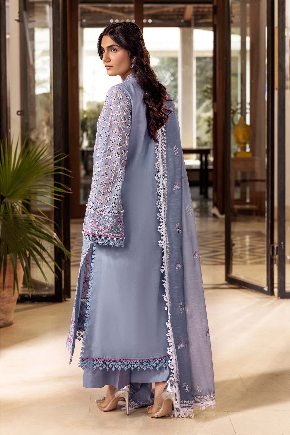 Pakistani Powder Blue Schiffli Embroidered Lawn Suit (3-Piece) - Image 2