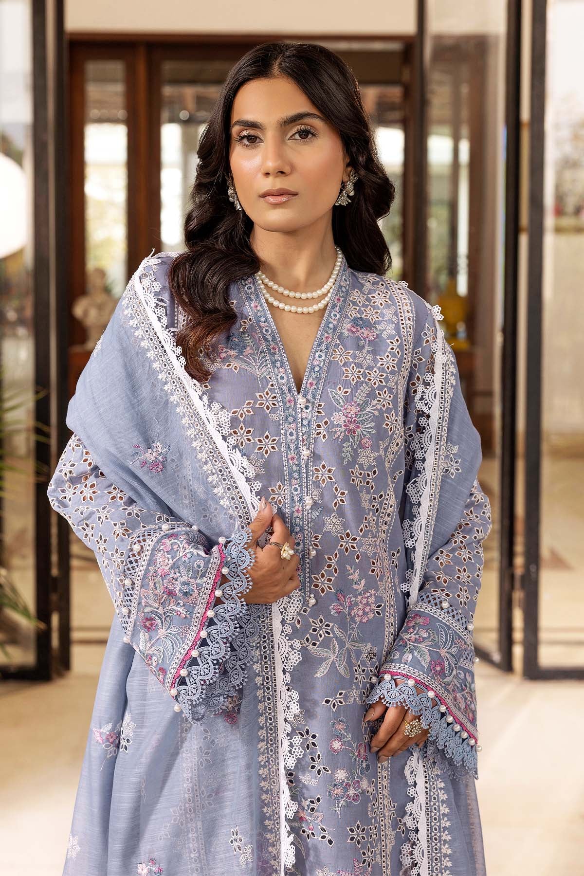 Pakistani Powder Blue Schiffli Embroidered Lawn Suit (3-Piece) - Image 4