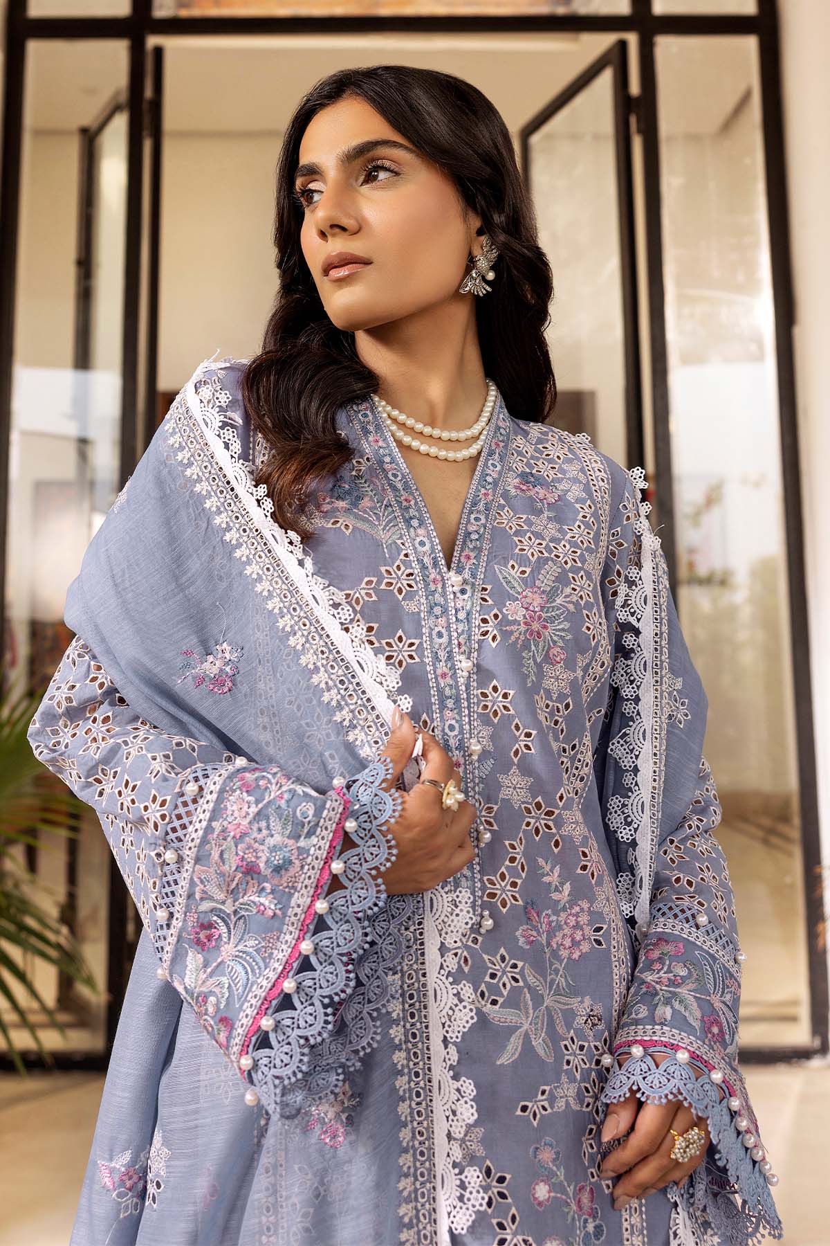Pakistani Powder Blue Schiffli Embroidered Lawn Suit (3-Piece) - Image 5