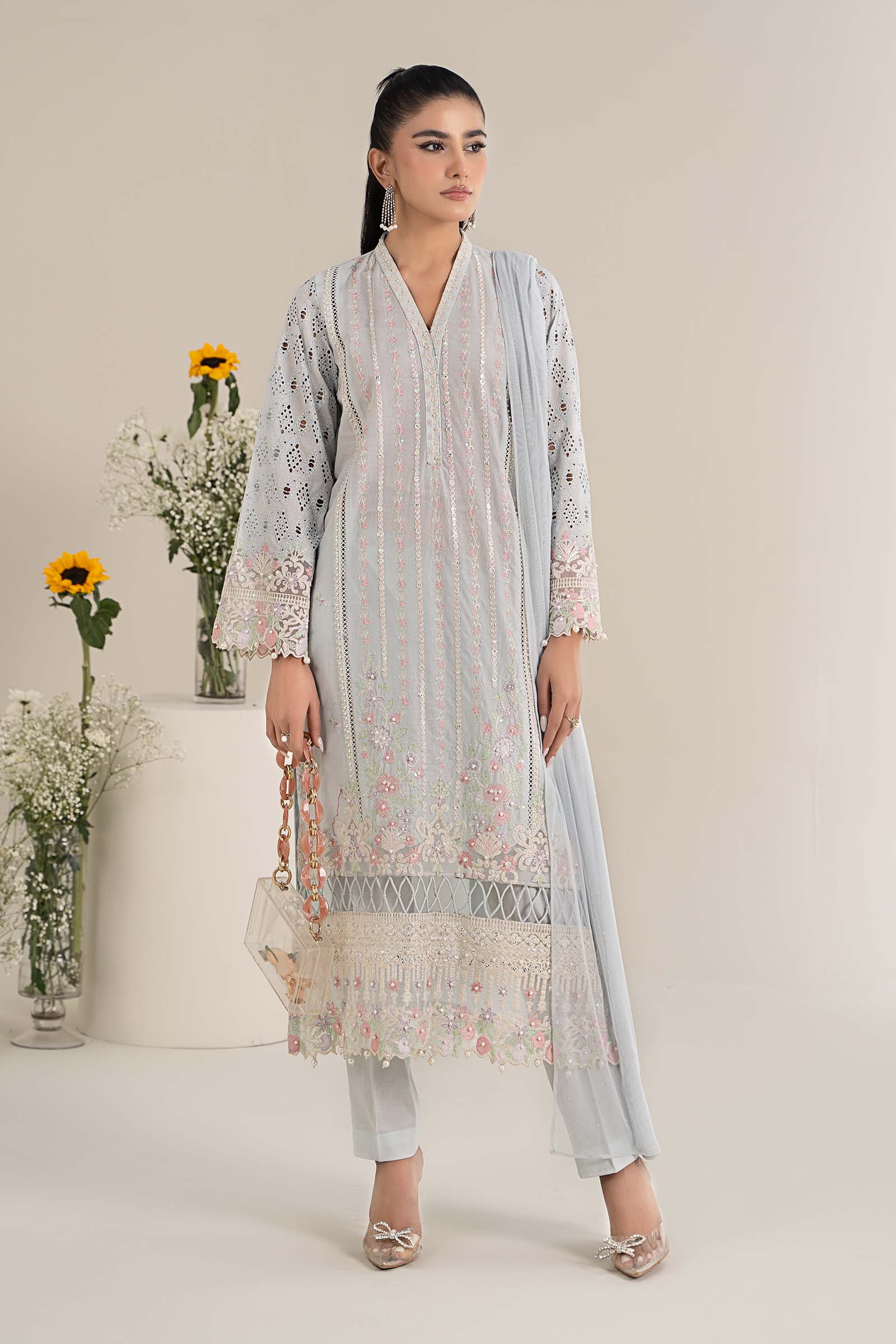 Pakistani Light Blue Embroidered Lawn 3-Piece Suit - Image 1