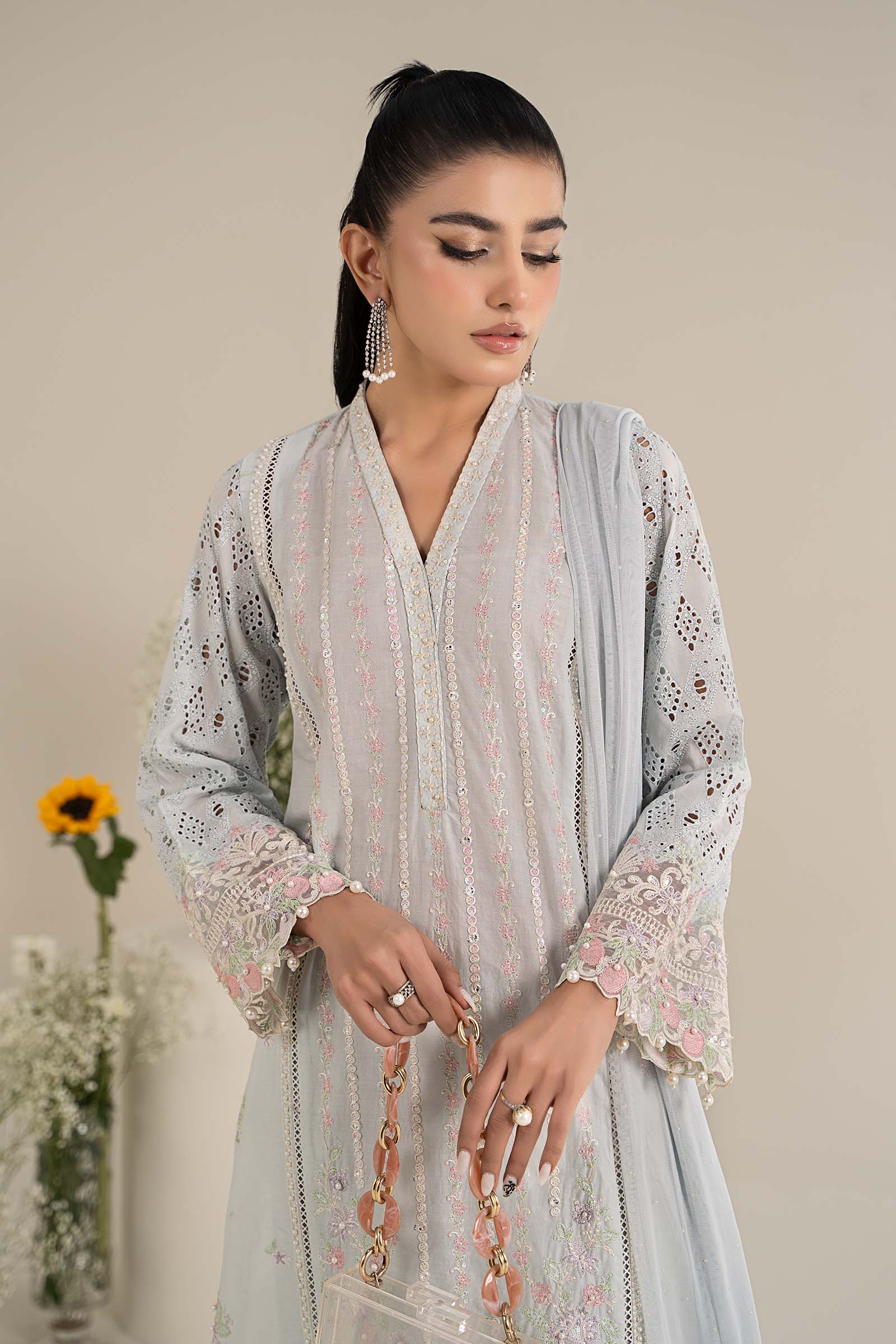 Pakistani Light Blue Embroidered Lawn 3-Piece Suit - Image 3