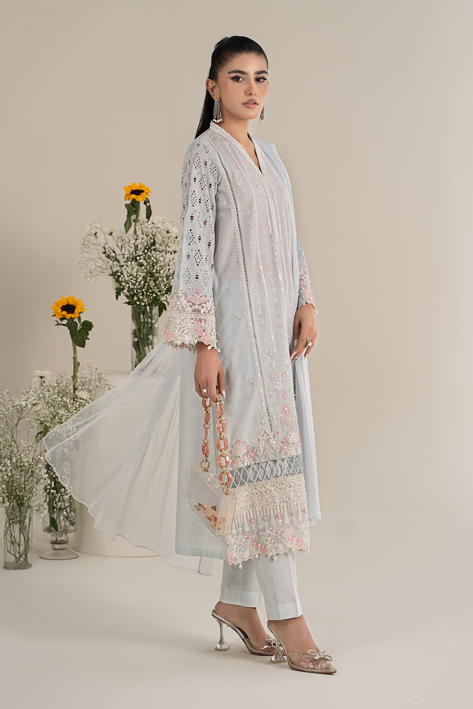 Pakistani Light Blue Embroidered Lawn 3-Piece Suit - Image 5