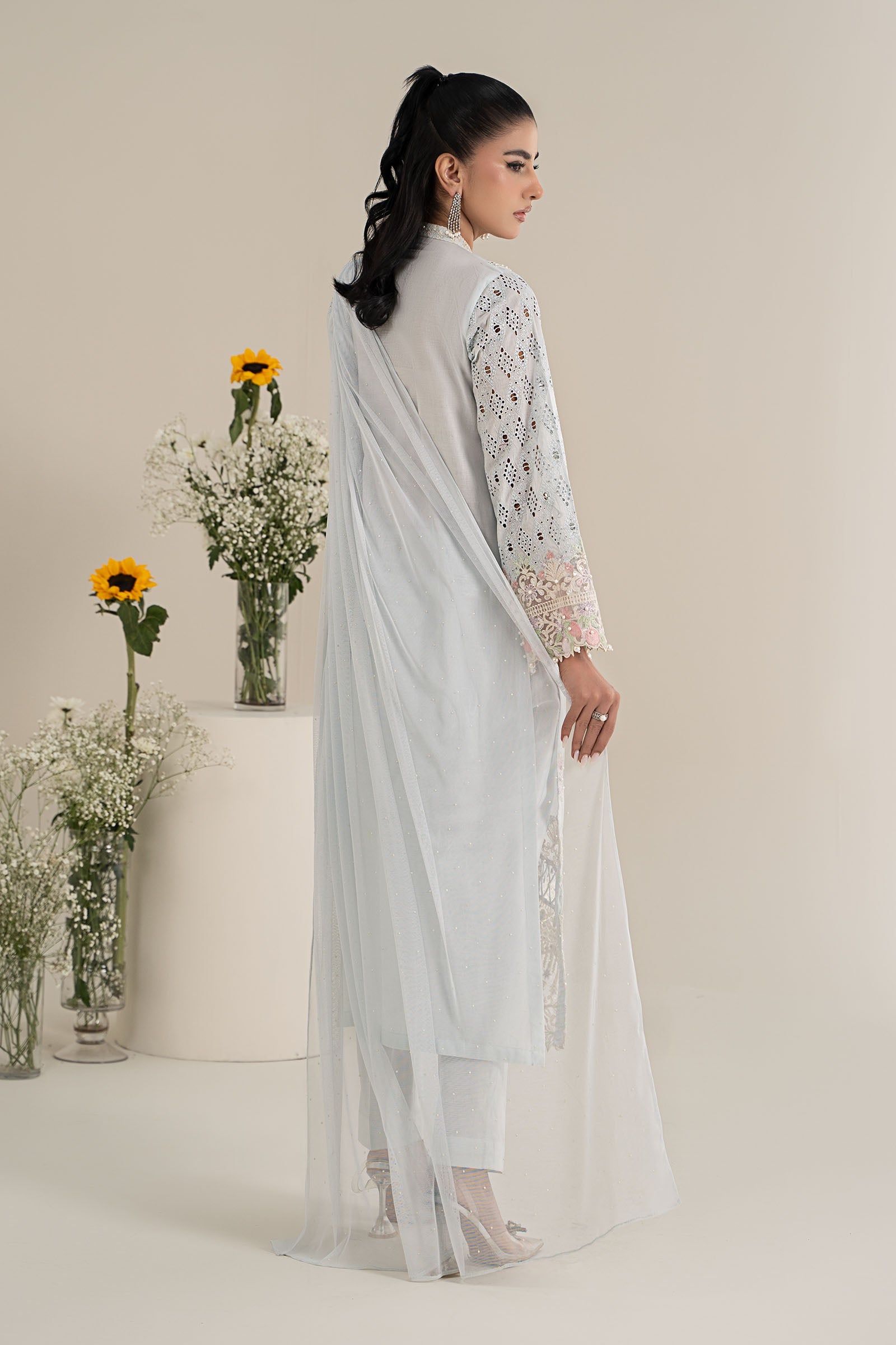 Pakistani Light Blue Embroidered Lawn 3-Piece Suit - Image 6