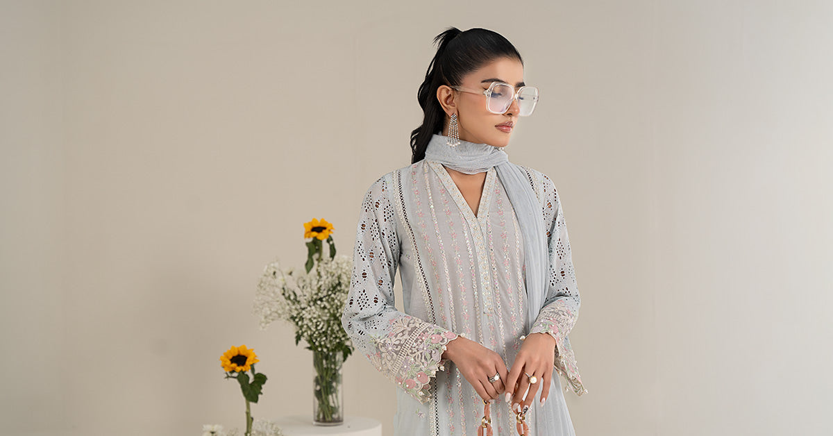 Pakistani Light Blue Embroidered Lawn 3-Piece Suit - Image 7