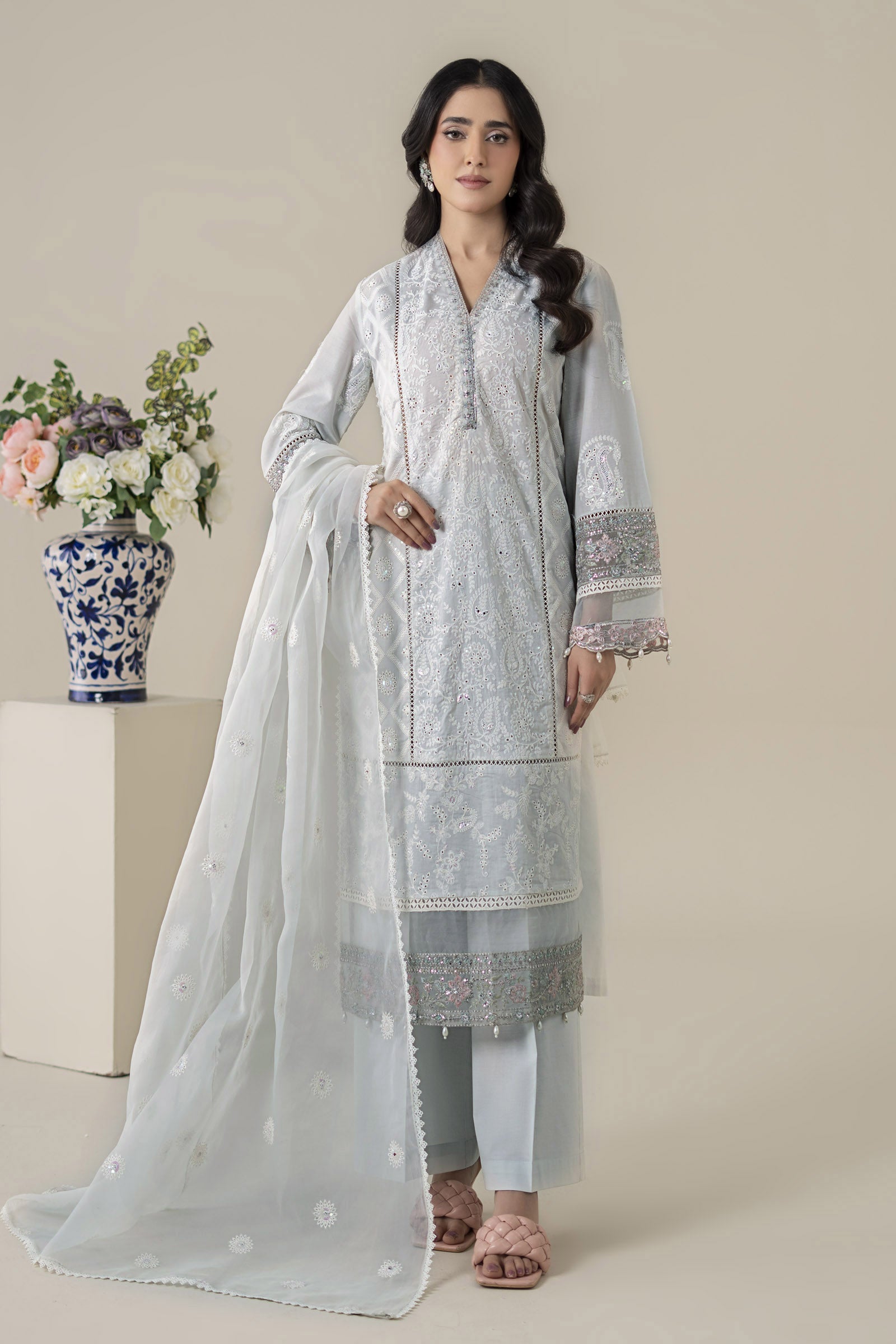 Sky Blue Embroidered Lawn Straight-Cut Suit (3-Piece) - Image 1