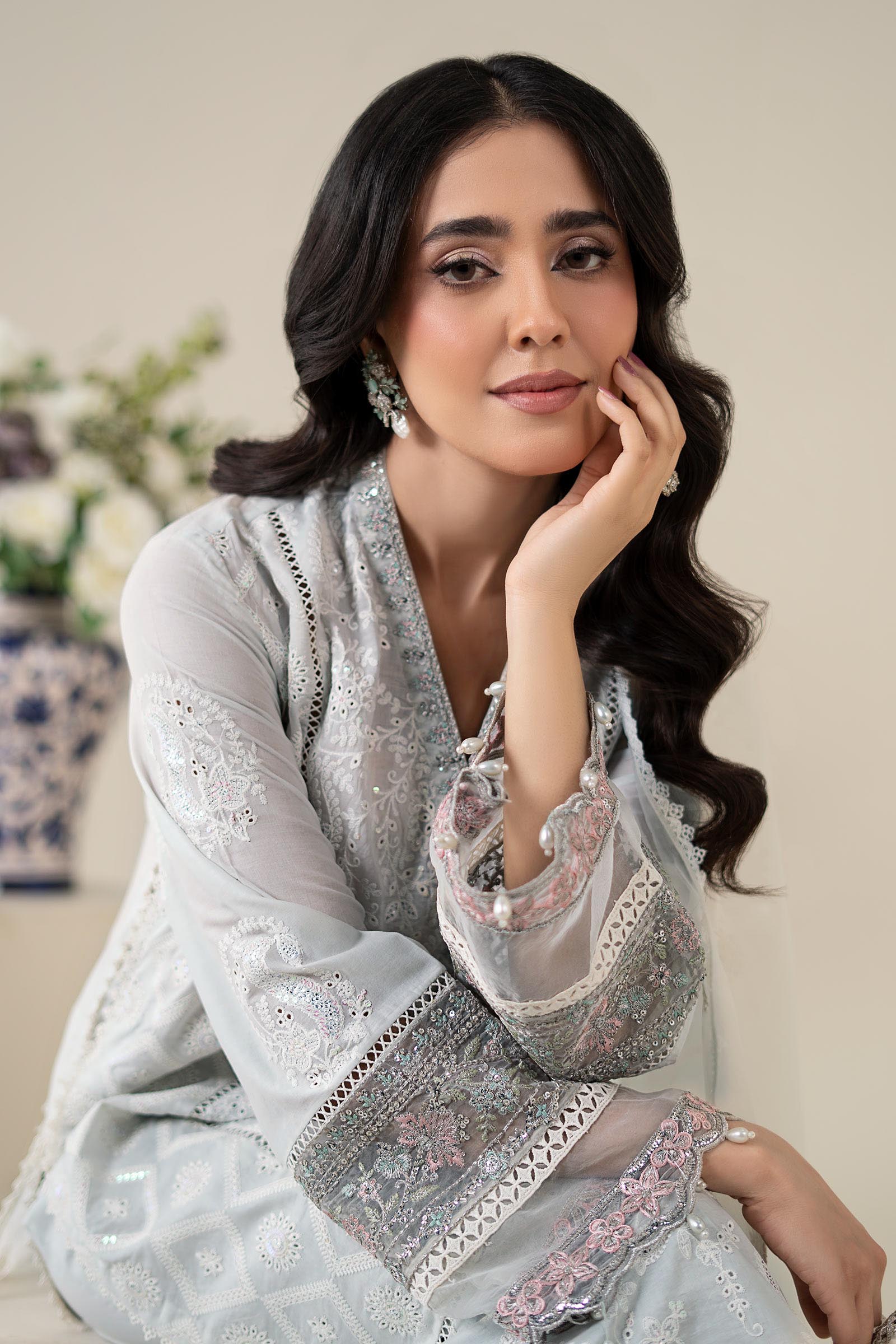 Sky Blue Embroidered Lawn Straight-Cut Suit (3-Piece) - Image 2