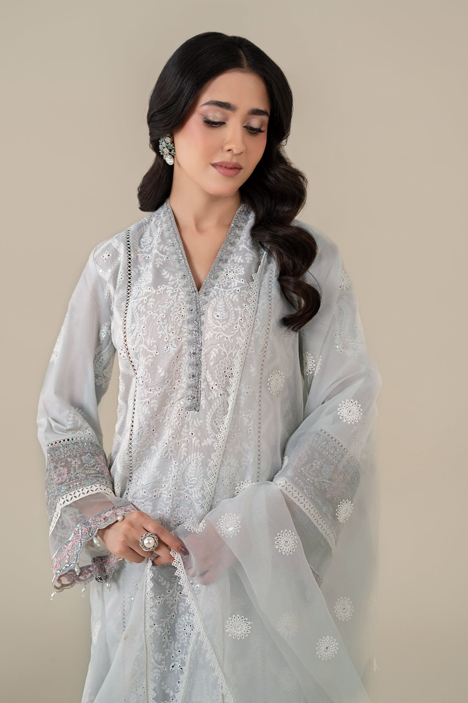 Sky Blue Embroidered Lawn Straight-Cut Suit (3-Piece) - Image 3