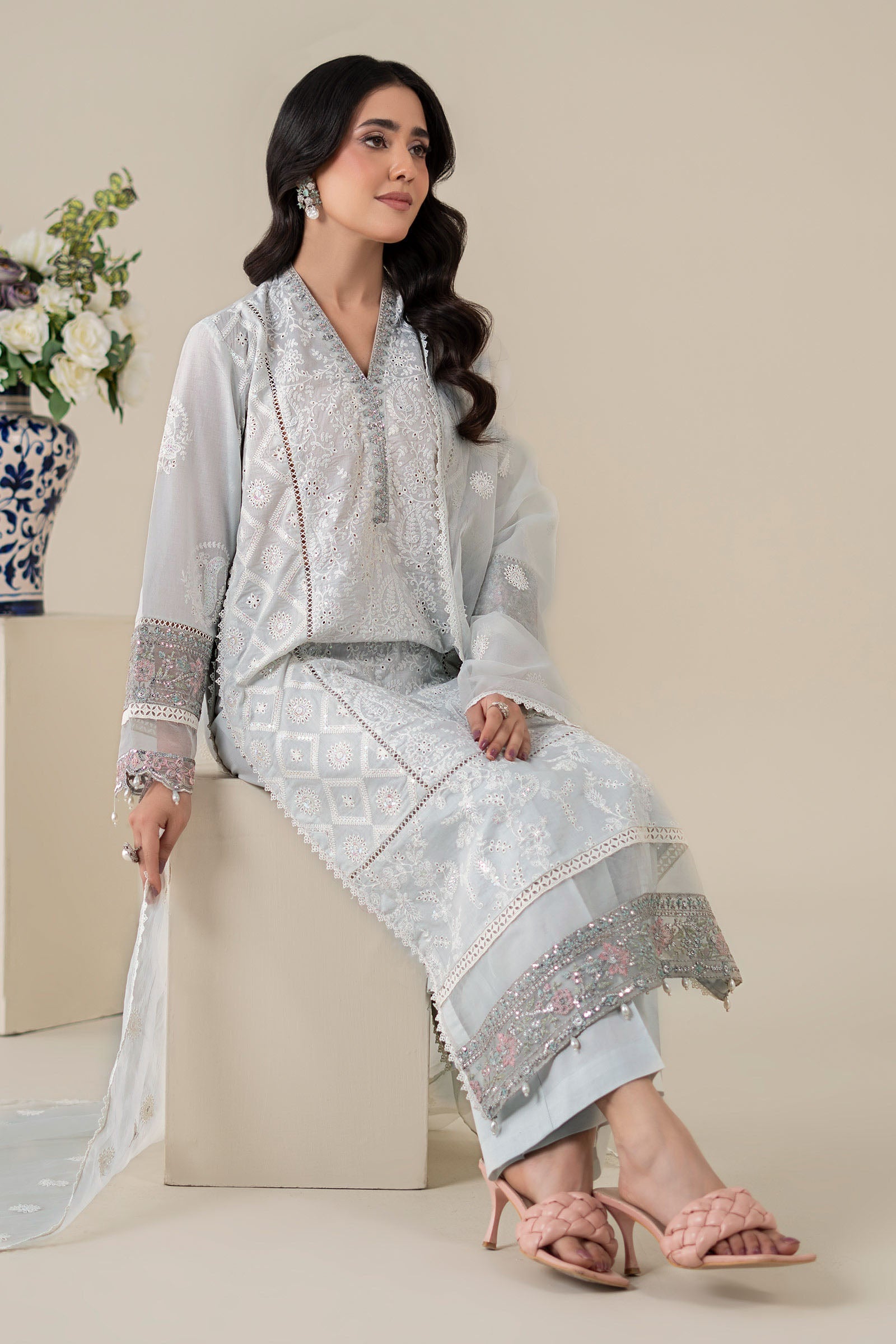 Sky Blue Embroidered Lawn Straight-Cut Suit (3-Piece) - Image 6