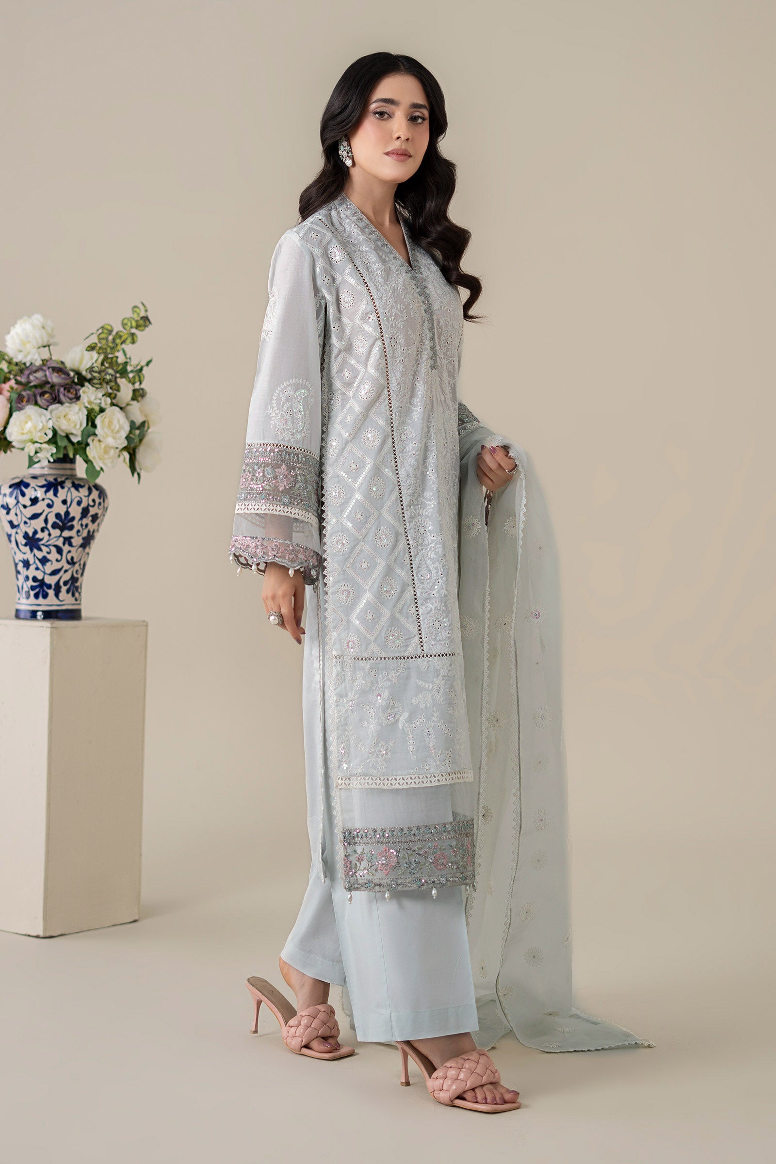 Sky Blue Embroidered Lawn Straight-Cut Suit (3-Piece) - Image 7