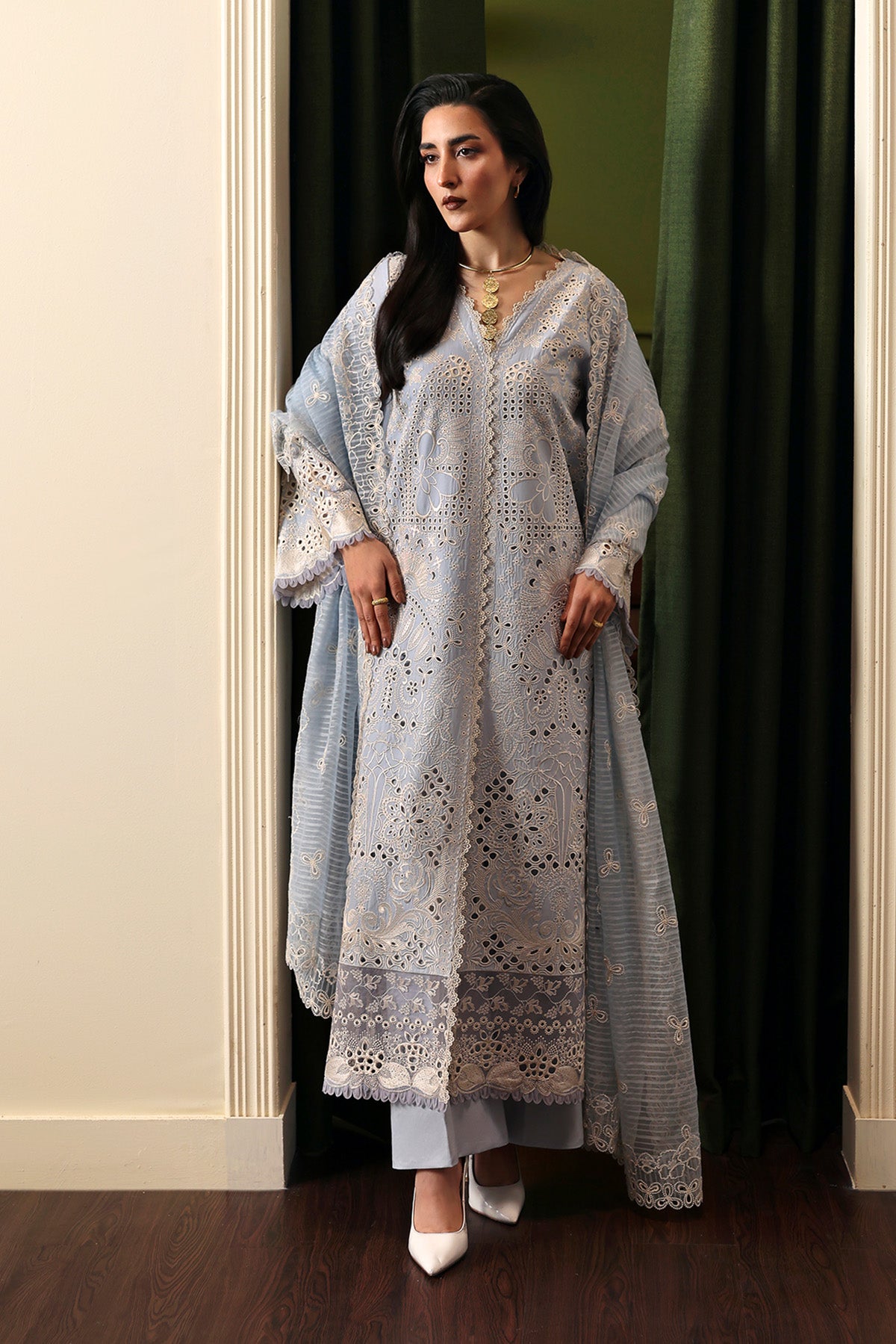 Pakistani Sky Blue Embroidered Lawn & Organza Salwar Kameez (3-Piece) - Image 1